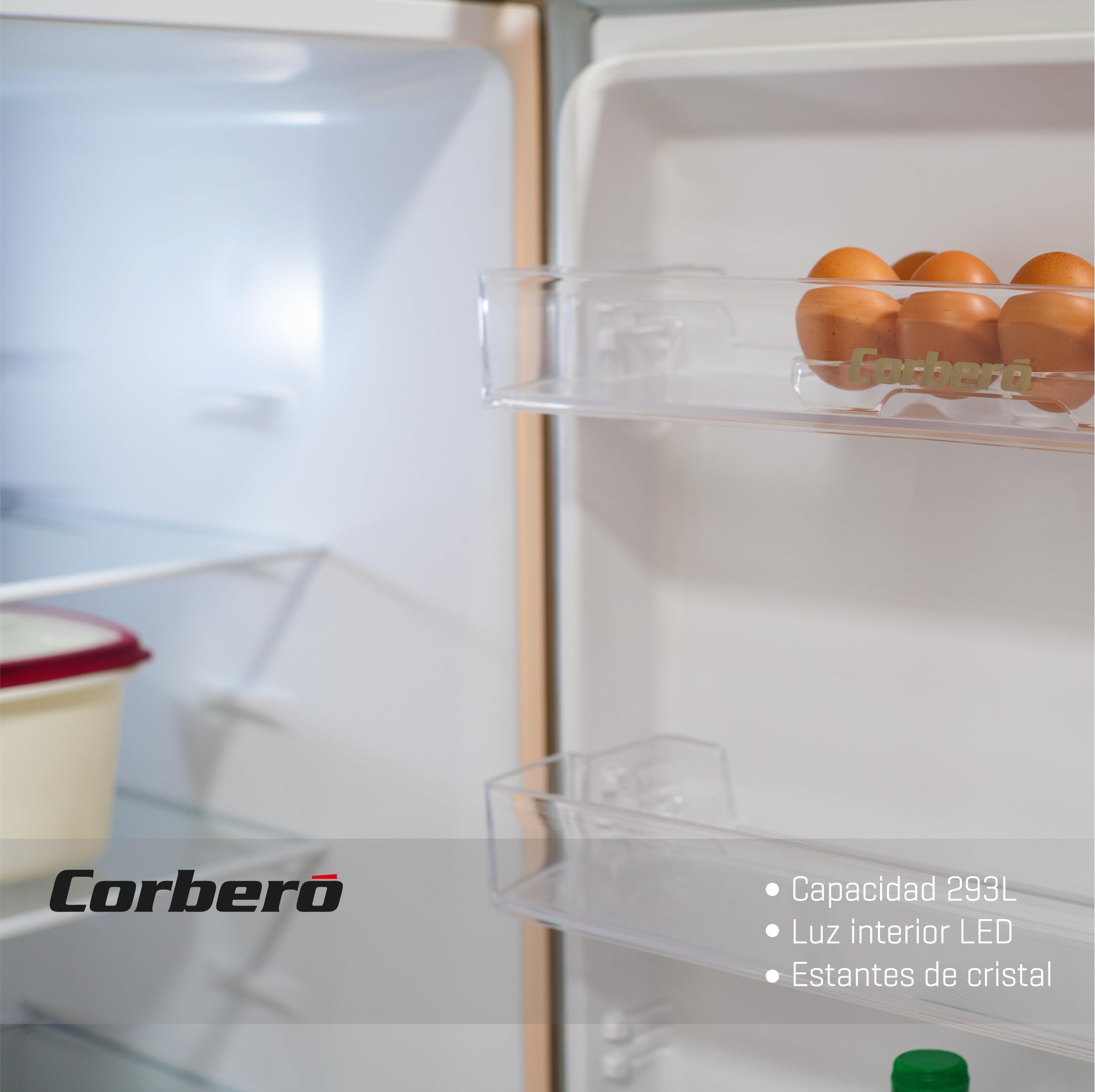 Corberó - Frigorífico Combi | CCH18564NFX | 293L | 60,5x186x60 | No Frost | Luz LED | Crisper | Balcones Ajustables | Estantes de Cristal, Hueveras, Cubiteras | Inox