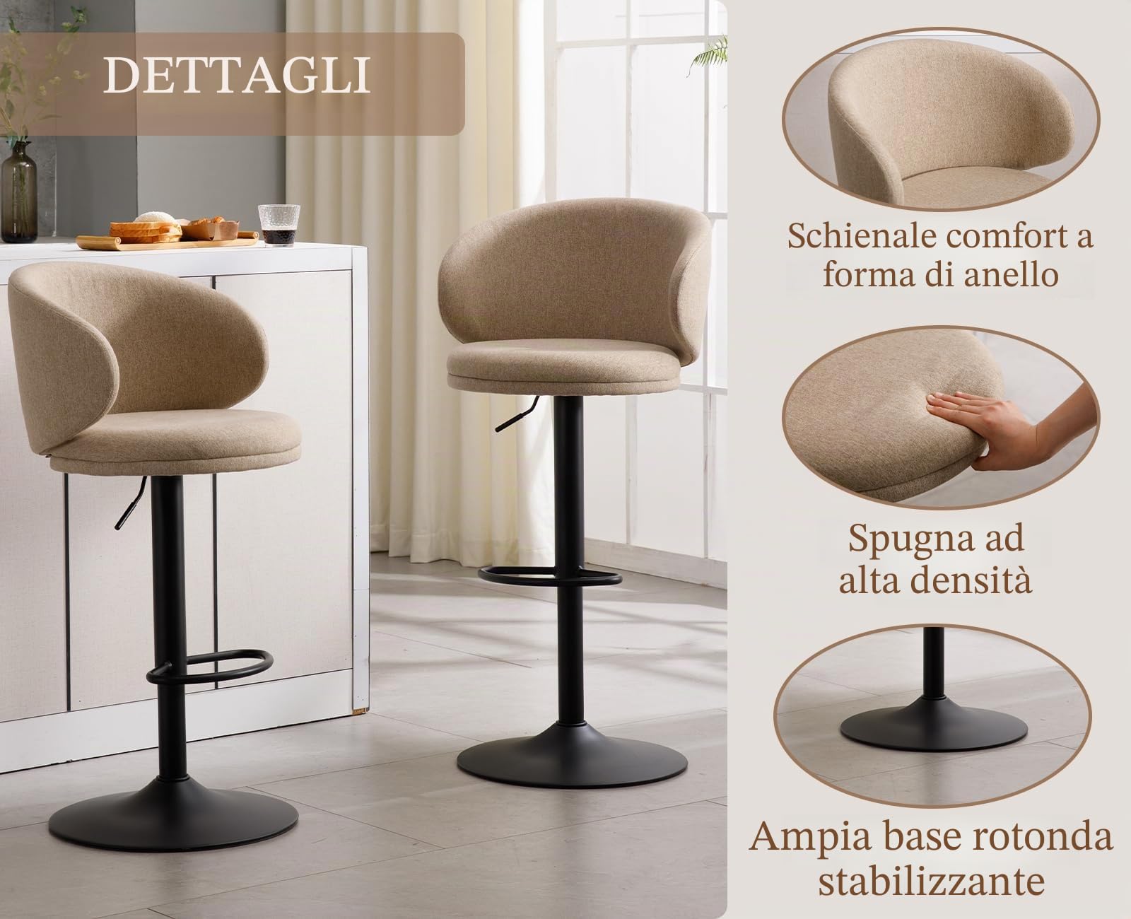 Ya-Home Set di 2 Sgabelli da Bar Sgabelli Cucina in Tessuto di Lino Sgabelli Alti con Schienale Sedie da Bar Regolabile e Girevole per Cucina Penisola, Cachi