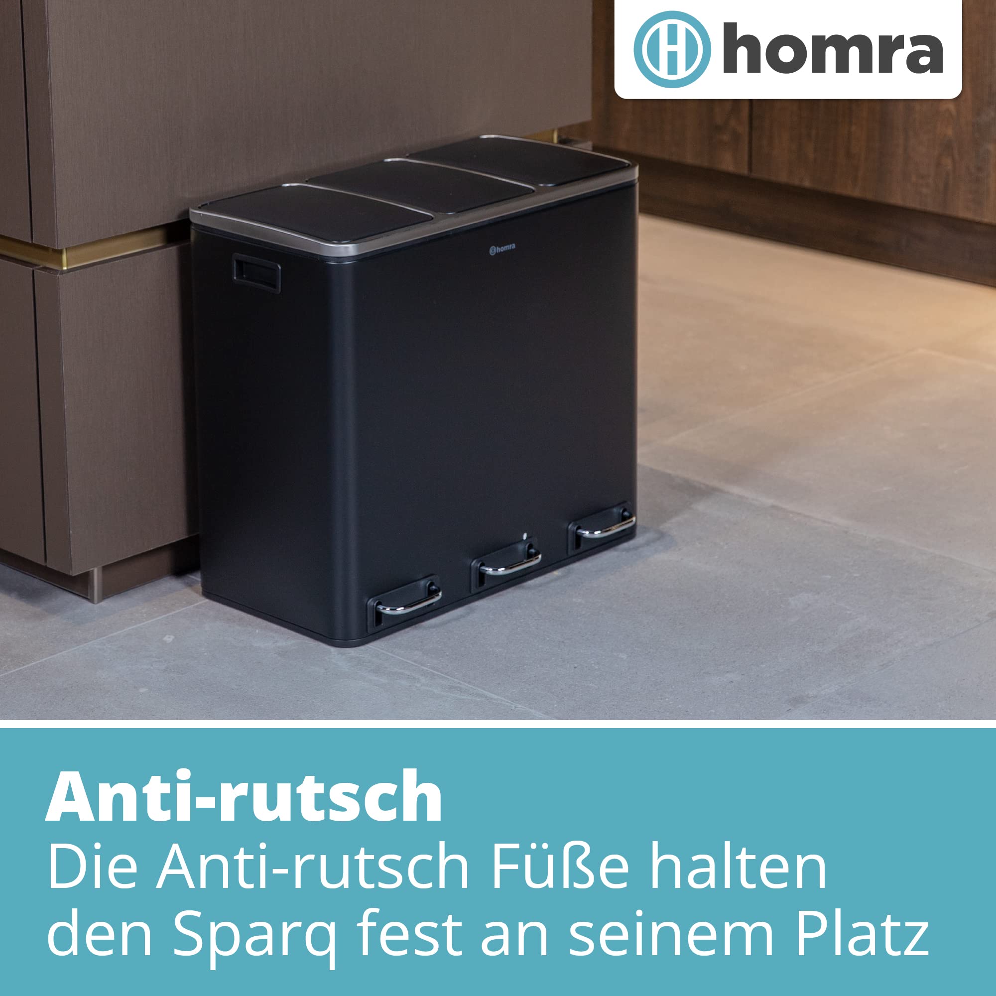 Homra Mülleimer Küche 3 Fächer Sparq 54l | Mülltrennsystem 3Fach | Edelstahl Treteimer 3x18 Liter | Trennsystem 3 Inneneimern | Abfall & Recycling | Abfalleimer Tretmülleimer Softclose | Schwarz