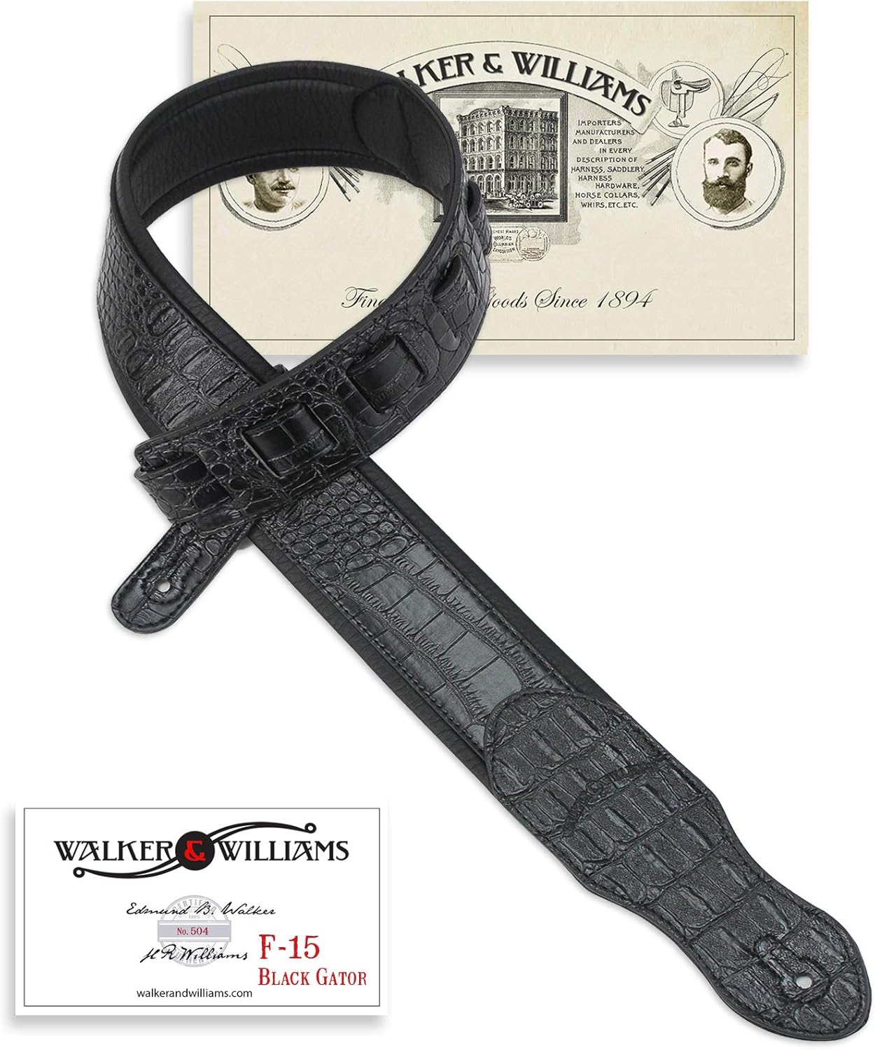 Walker & Williams F-15 Classic Black Textured Gator Finish Padded Guitar Strap