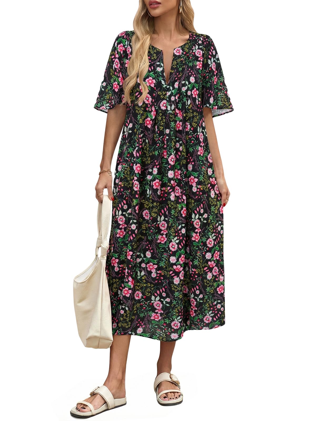 Wenrine Womens Casual Maxi Dress Short Sleeve Loose Flowy Summer Dresses
