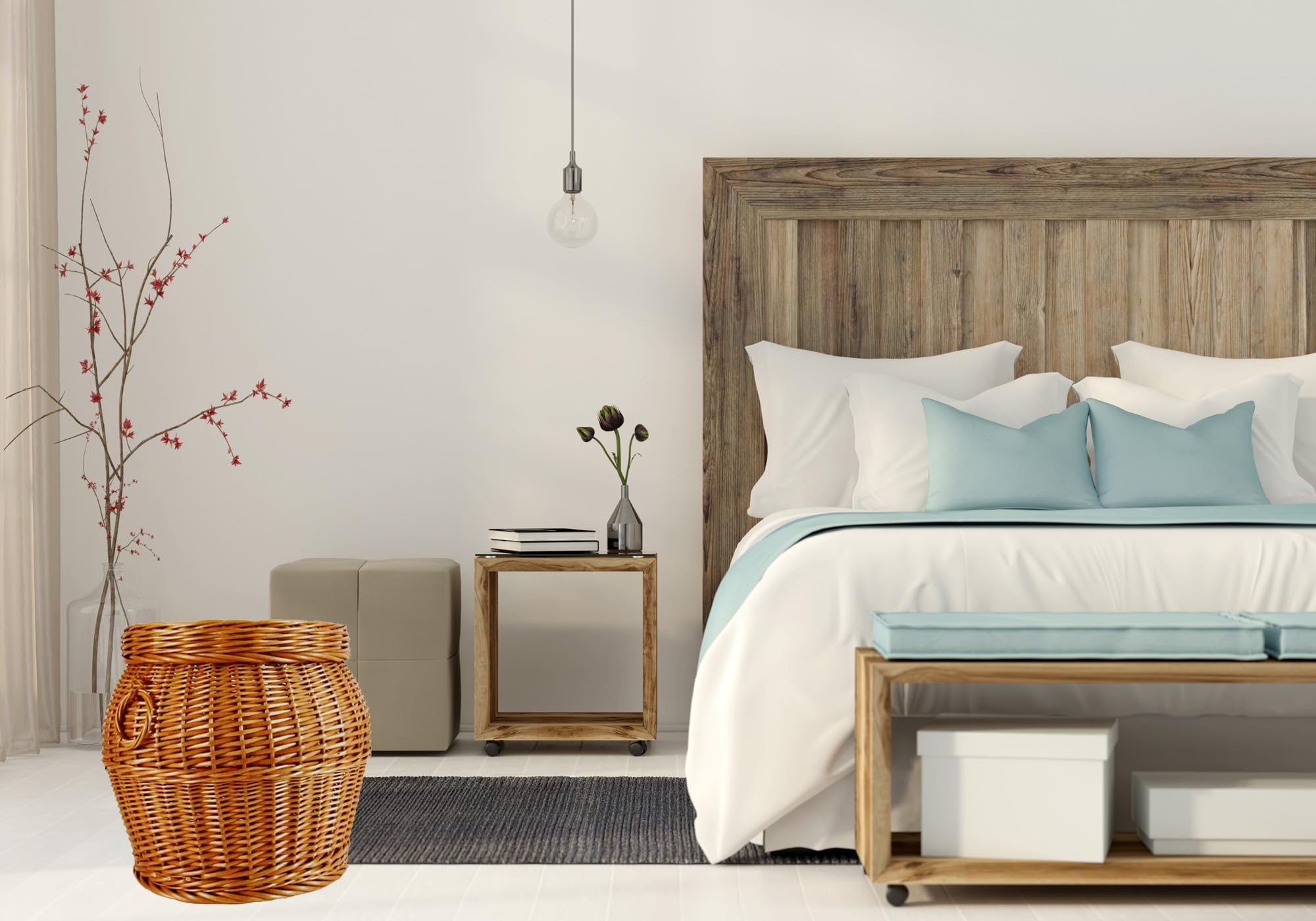 Pouf Hocker aus Weide rund braun mit Stauraum K7-148 | Deckel, Griffe, Wäschebox, Handarbeit