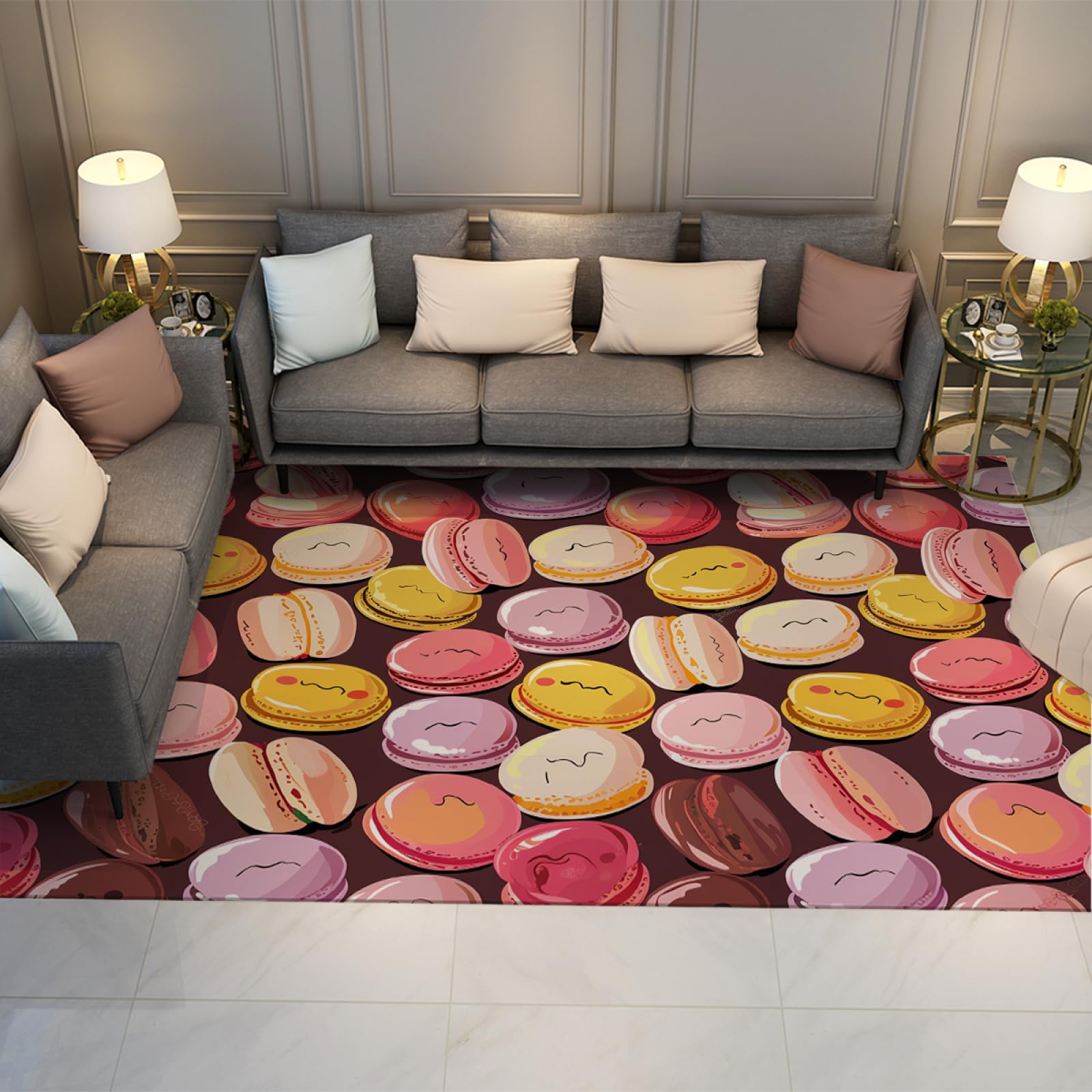 Tapis de Style Anime de Dessin animé 180x270cm - coloré Mignon Macaron pâtisserie Biscuits Motif Machine Lavable antidérapant à Poils Ras Mince Tapis pour café