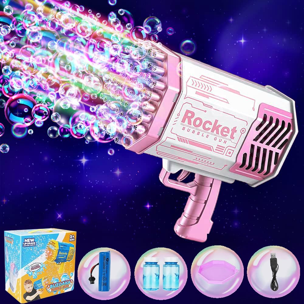 Bazooka Bubble Gun, 69 Holes Bubble Machine, Bubble Machine for Children, Electric Bubble Machine Gun with Lights, Bubble Blower for Wedding (Pink)