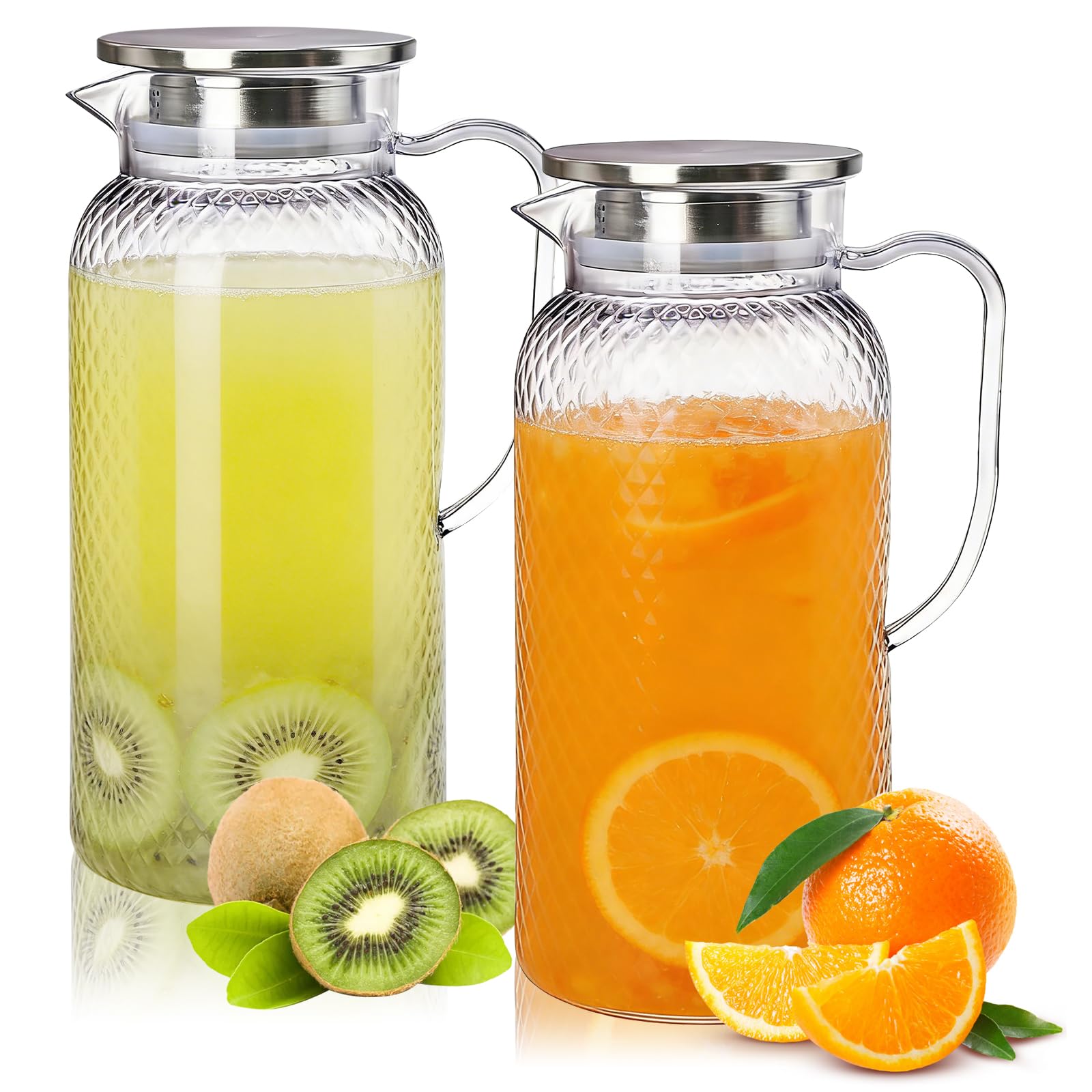 Lot de 2 pichets en acrylique de 1800 ml - Pichets à eau en plastique avec couvercle - Carafe transparente en acrylique - Pour réfrigérateur - Avec poignée - Pour boissons DIY, jus, thé
