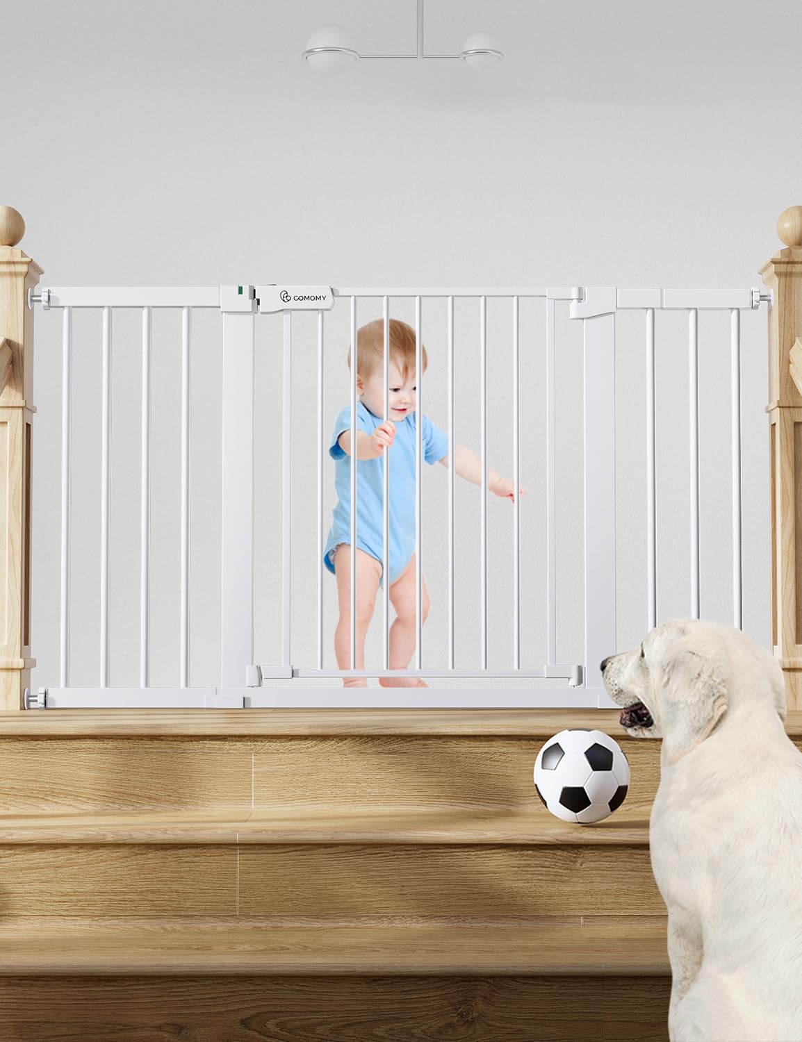 COMOMY 29.5-51.6 Auto Close Baby Gate for Stairs, Dog Gates for The House Extra Wide, Pet Gates with Walk Through Door, Pressure Mounted Child Safety Gate for Stairs, Doorway, House&Hallway, White