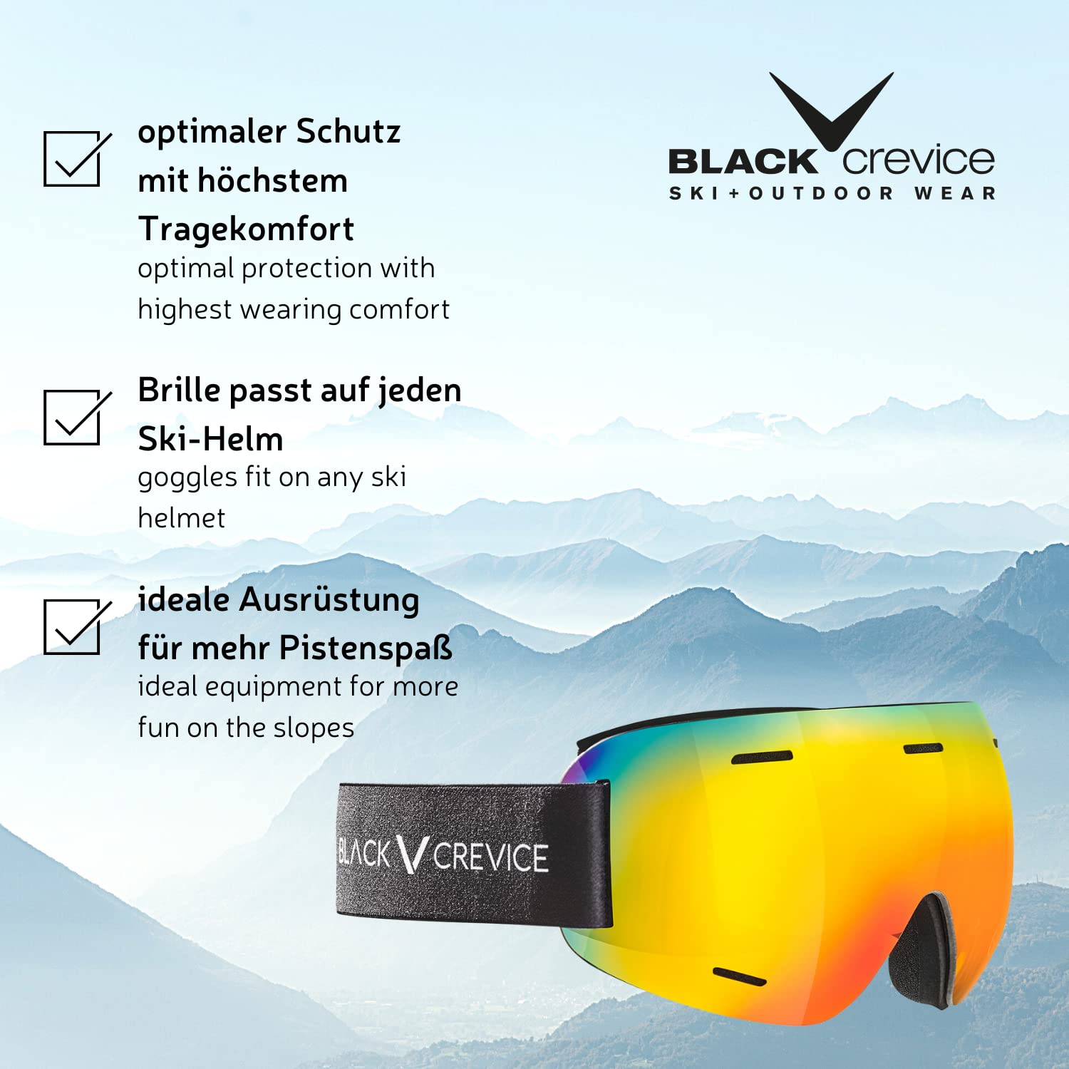 Black Crevice Skitourenbrille ÖTSCHER I Skibrille mit Etui I Skitourenbrille Herren & Damen mit bruchfester Doppelscheibe I Unisex Skibrille mit rahmenlosem Design I Sphärische Scheiben…