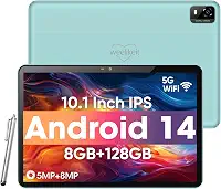 weelikeit Tablet Android, tablet de 10,1 polegadas com tela sensível ao toque HD de 1280 x 800 IPS, 8 GB de RAM + 128 GB de ROM (até 1 TB), bateria de 6000 mAh, Wi-Fi 5 G, Bluetooth 5.0, câmera dupla