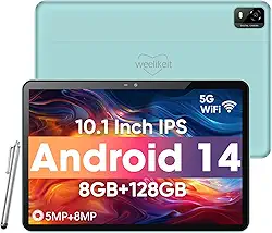 weelikeit Tablet Android, tablet de 10,1 polegadas com tela sensível ao toque HD de 1280 x 800 IPS, 8 GB de RAM + 128 GB de ROM (até 1 TB), bateria de 6000 mAh, Wi-Fi 5 G, Bluetooth 5.0, câmera dupla