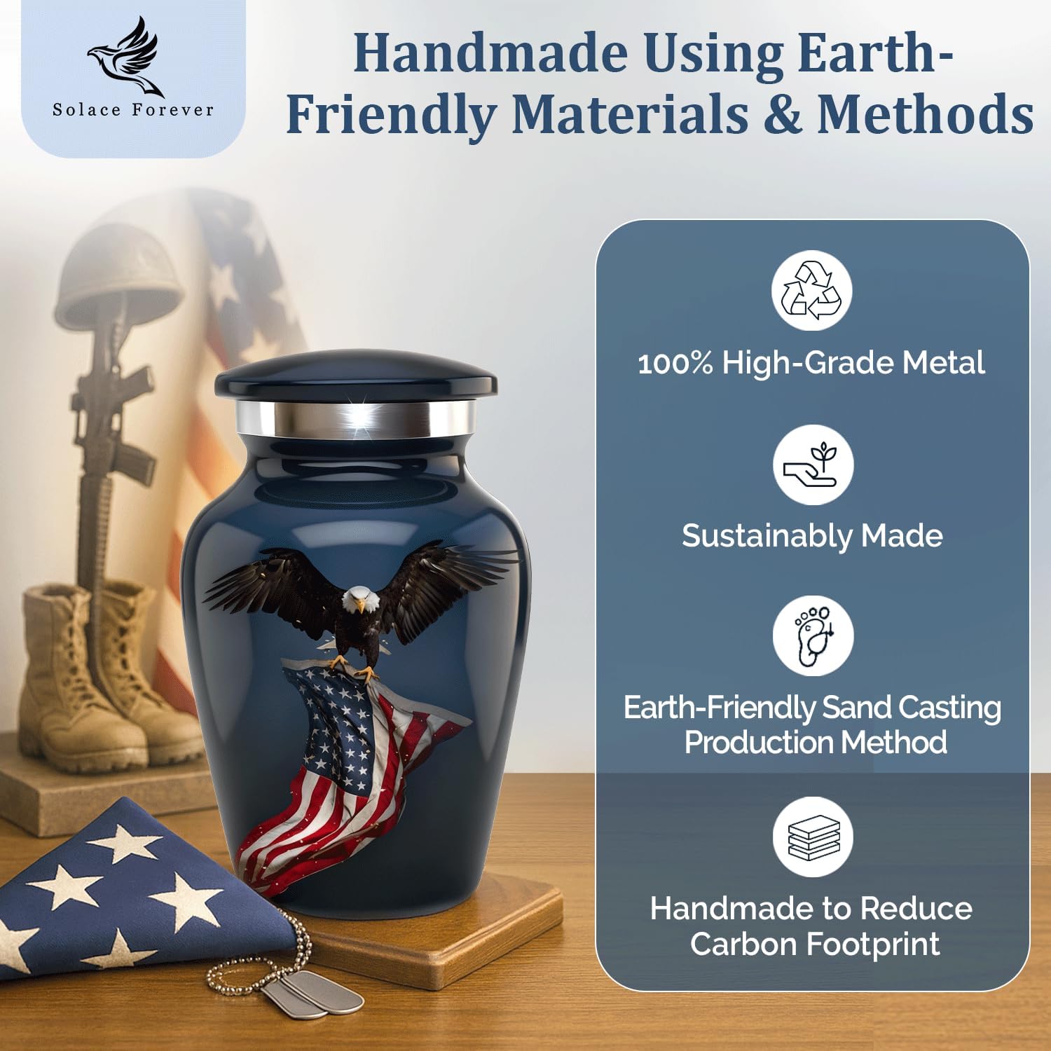 Solace Forever Small Urns for Human Ashes - Patriotic Eagle with US Flag Design - Mini Urn Keepsake Memorial for Men and Women - Handcrafted Remembrance Urn for Ashes (Black, Set of 1)