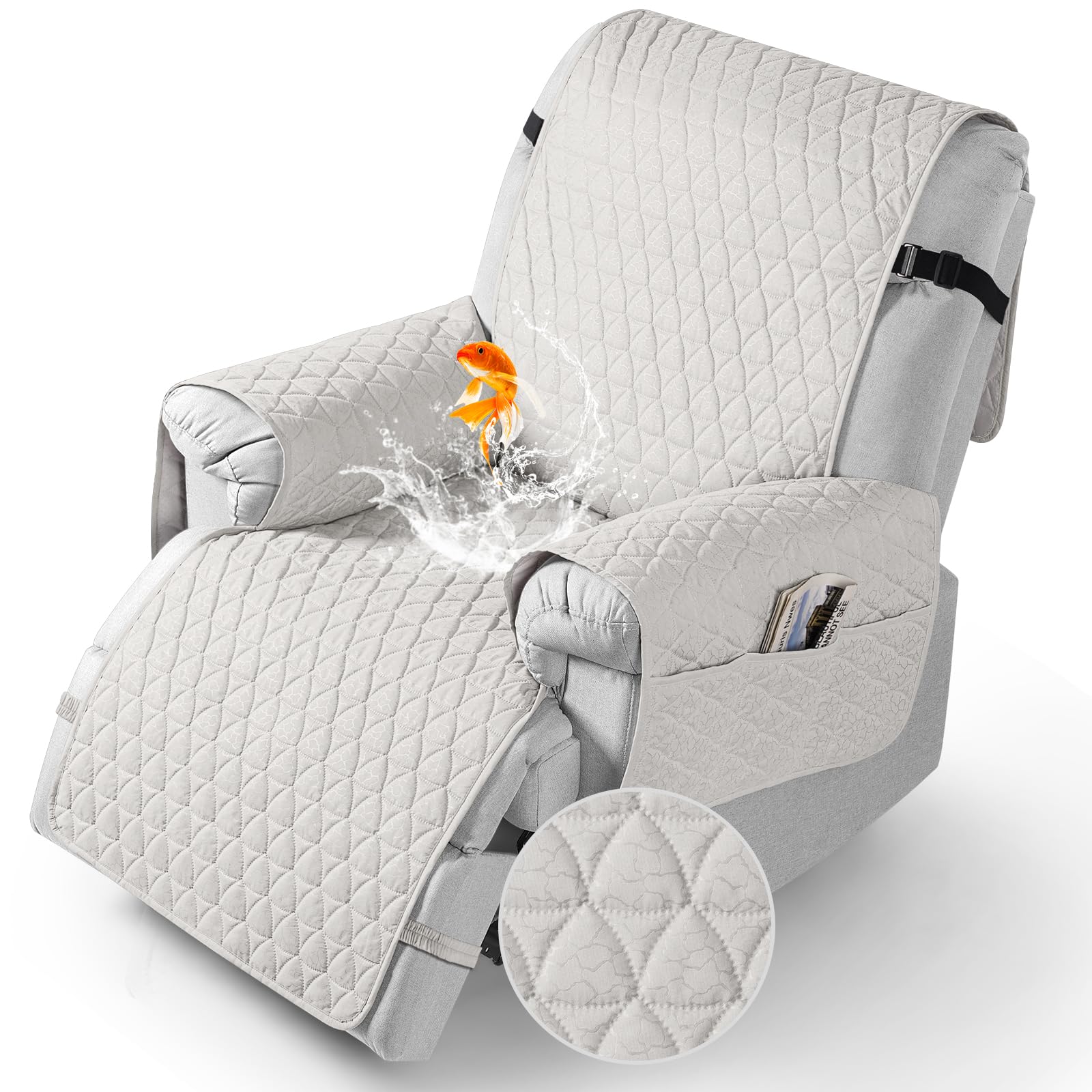 TAOCOCO 100% Waterproof Recliner Chair Covers, Non Slip Recliner Covers that Stay in Place, One-Piece Washable Reclining Chair Cover with Elastic Straps, White, Fits 25" Seat Width