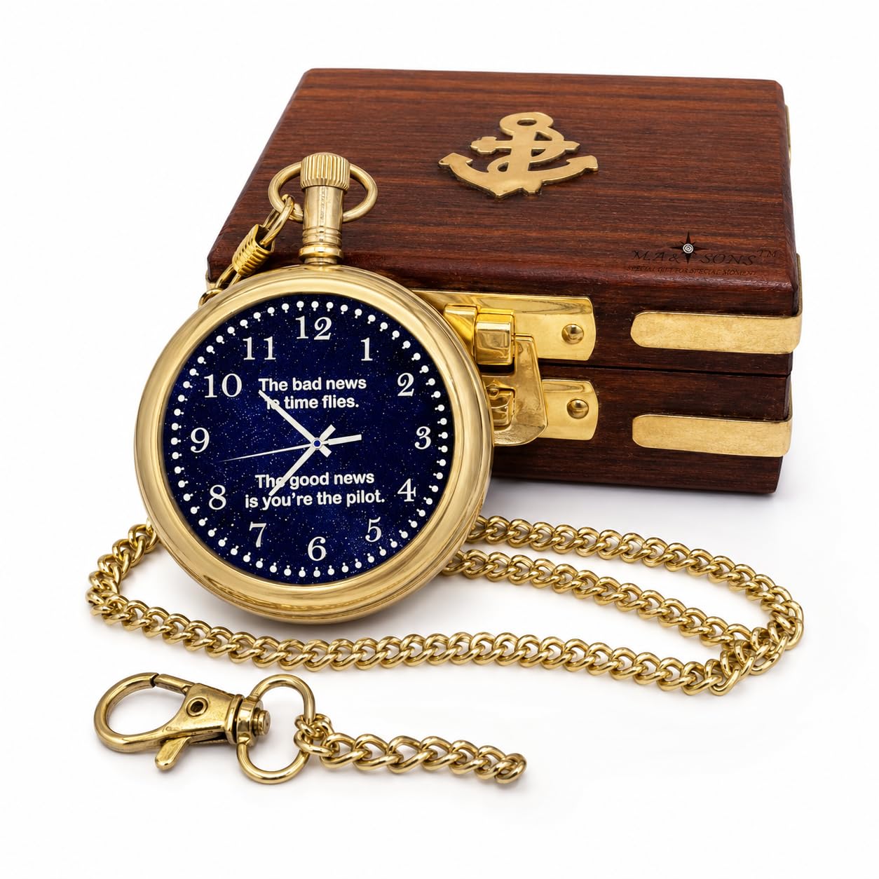 Brass Pocket Watch with Wooden Gift Box | Vintage Hand Wind Mechanical Pocket Watch with Chain | Personalized Backside Message | 2 Inch Antique Nautical Gift for Men Women