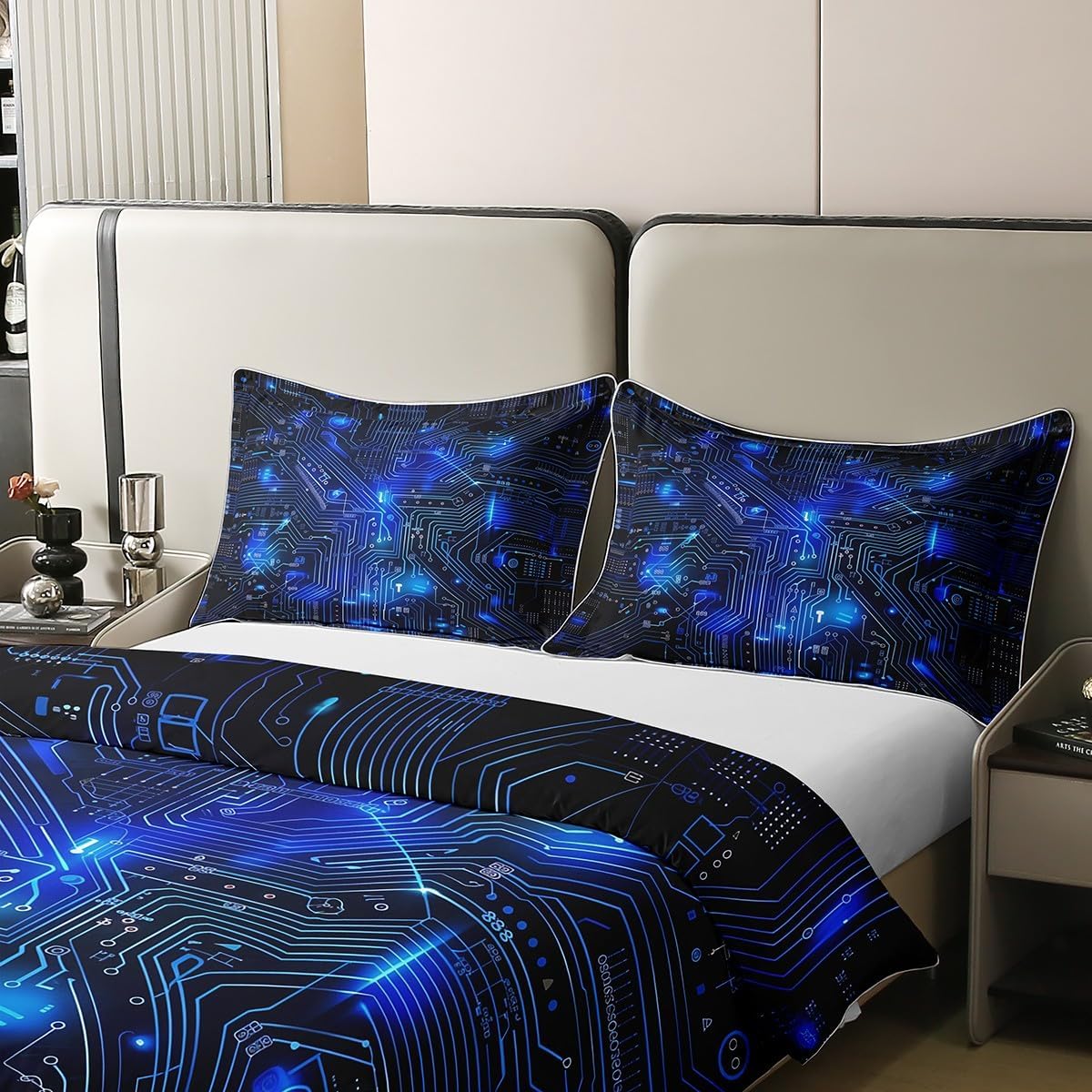 Erosebridal 100% Cotton Circuit Board Bedding Set Queen,3D Print Chips Duvet Cover,Abstract Art Design Comforter Cover Blue Black Quilt Cover for Kids Boys Teens