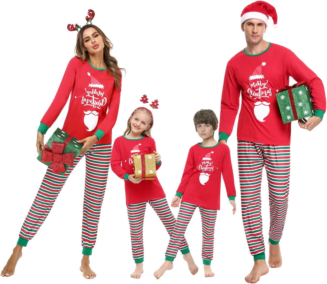 Irevial Christmas Pyjamas Family Long Sleeve Printed Top + Striped Trousers Nightwear for Women Men Children Two Piece Set Merry Christmas Two Piece Set
