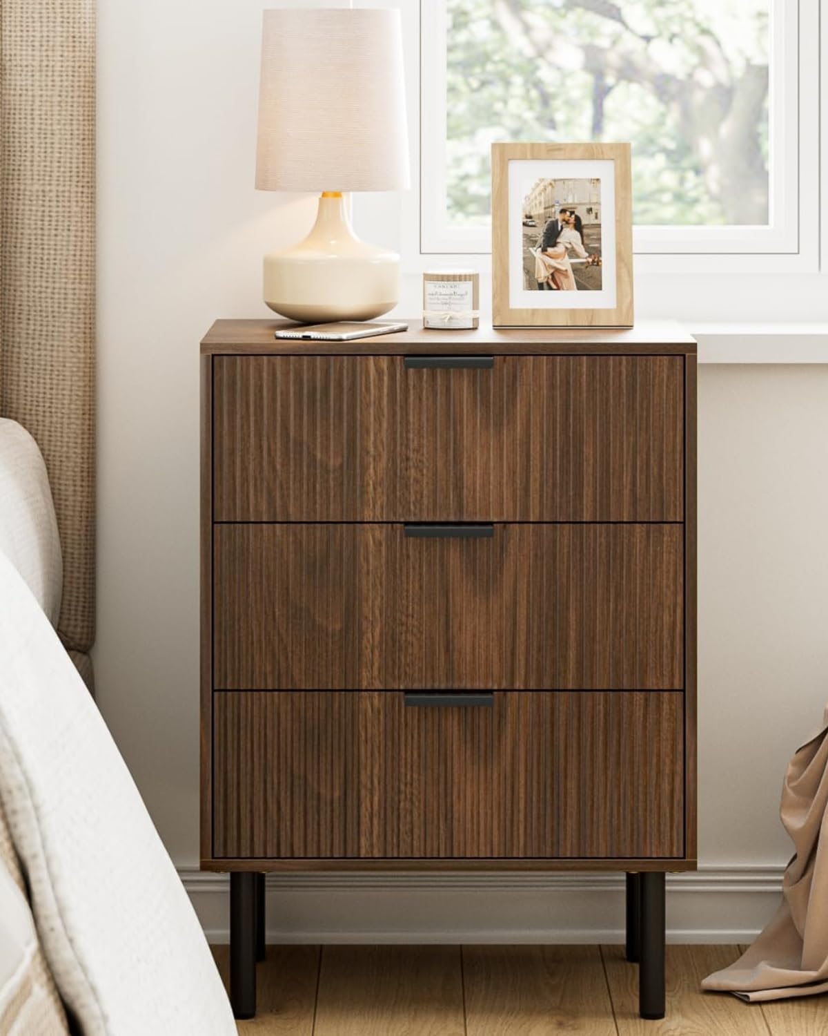 Night Stand,Tall Bedside Table with 3Storage Drawers,Morden Nightstand,Bedside Furniture,Side Table with Black Frame,End Table for Bedroom,Living Room (3drawers, Walnut)