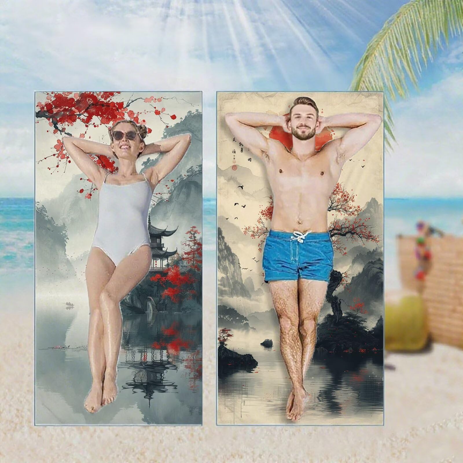Ręcznik plażowy, ręczniki plażowe z mikrofibry, szybkoschnące lekkie ręczniki podróżne bez piasku, duży ręcznik kąpielowy dla dorosłych 100 x 220 cm, do pływania na basen, jogę, siłownię, kemping