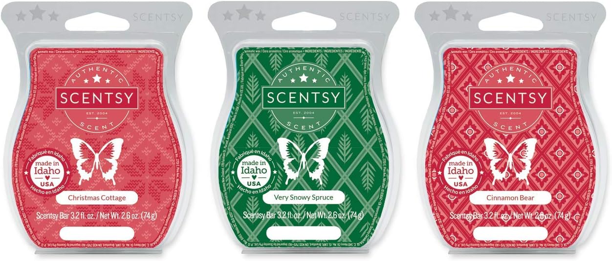 ScentsySeason's Greetings: Christmas Cottage, Very Snowy Spruce, Cinnamon Bear Wickless Candle Wax 3.2 Oz Bar 3-Pack