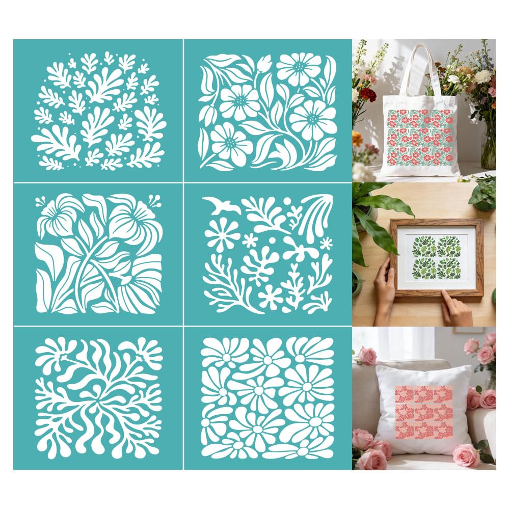 GOMAKERER 2 Sheets Matisse Plant Floral Silkscreen Stencil, Botanical Flower Self-Adhesive Silk Screen Printing Stencils Reusable Mesh Stencil for Painting on Wood, T-Shirt, Home Craft