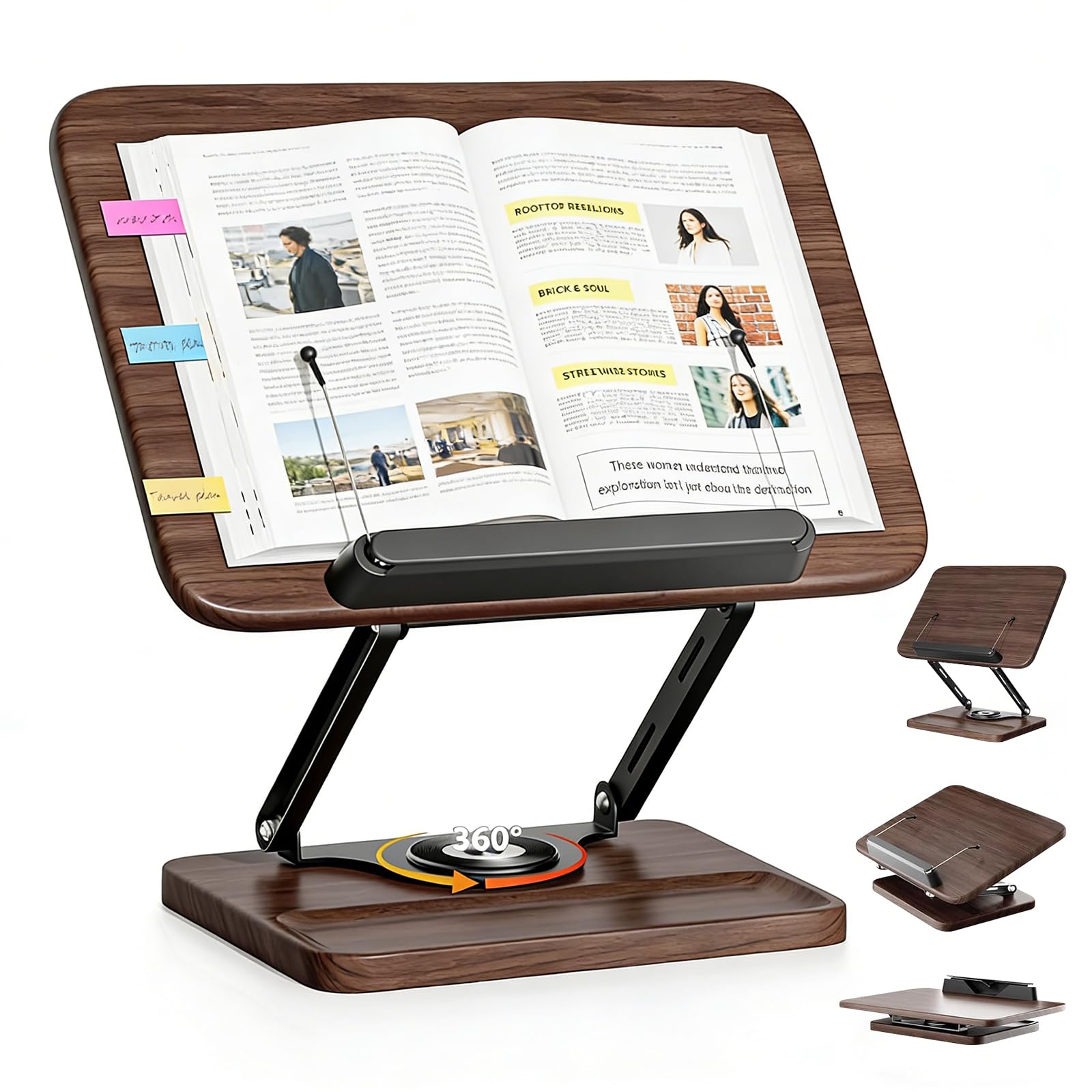 Support de Lecture en Bois Réglable et Rotatif à 360° - Pliable - Pupitre Ergonomique Porte-Livre pour Cuisine (Livre de Cuisine), Bureau, Partition de Musique et Tablette