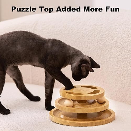Miniatura 3 de Cat Ball Track Toy with Puzzle Top, Wooden Cat Toys for Indoor Cats with Spinning Balls, Interactive Large Cat Ball Tower for Kitten Kitty Exercise