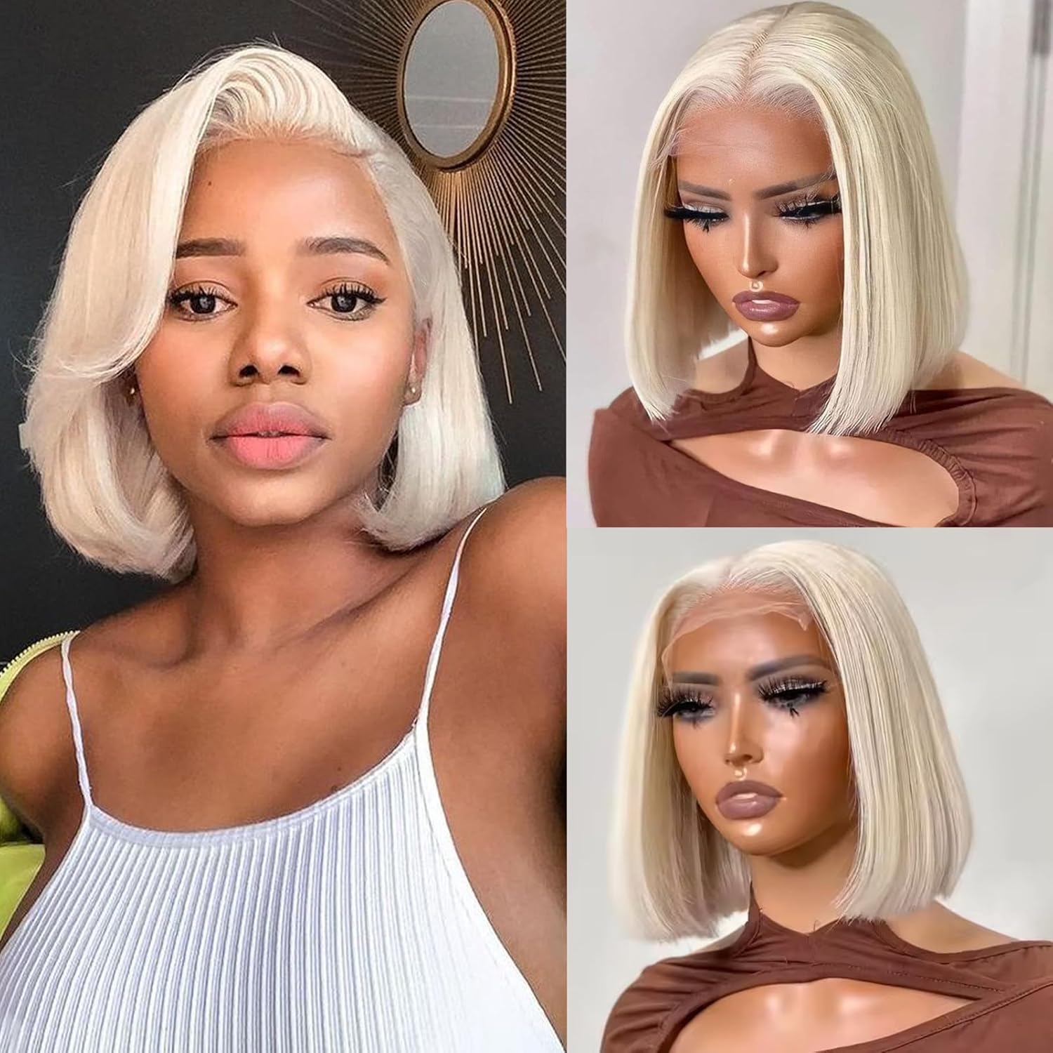 Platinum Blonde Bob Wigs Human Hair Pre Plucked 13X4 HD Transparent Lace Front Wig 180% Density Short Straight Brazilian Human Hair White Ash Blonde Glueless Bob Lace Frontal Wigs for Women 8 Inch