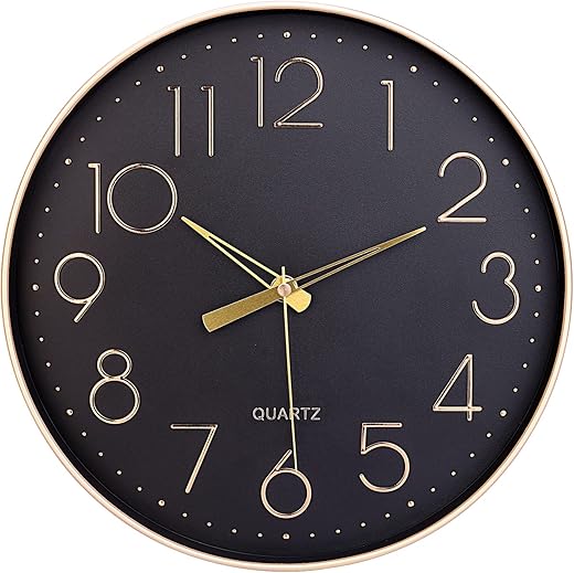 Topkey Black Wall Clock 12 Silent Non Ticking Arabic Numeral Clock Round Decorative Wall Clock for Living Room, Bedroom, Kitchen (Battery Not Included) Gold Numbers