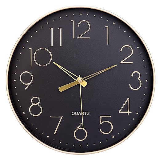 Topkey Black Wall Clock 12 " Silent Non Ticking Arabic Numeral Clock Round Decorative Wall Clock