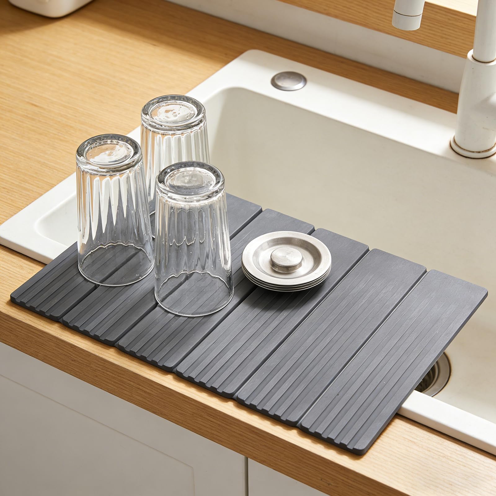 Abtropfmatte Spüle, 60×39cm Wasserabsorbierende Abtropfmatte Geschirr, Faltbare Schnelltrocknende Abtropfmatte Stein, Dish Drying Mat Geeignet FüR Badematte, Dish Drying Mat (Dunkelgrau)