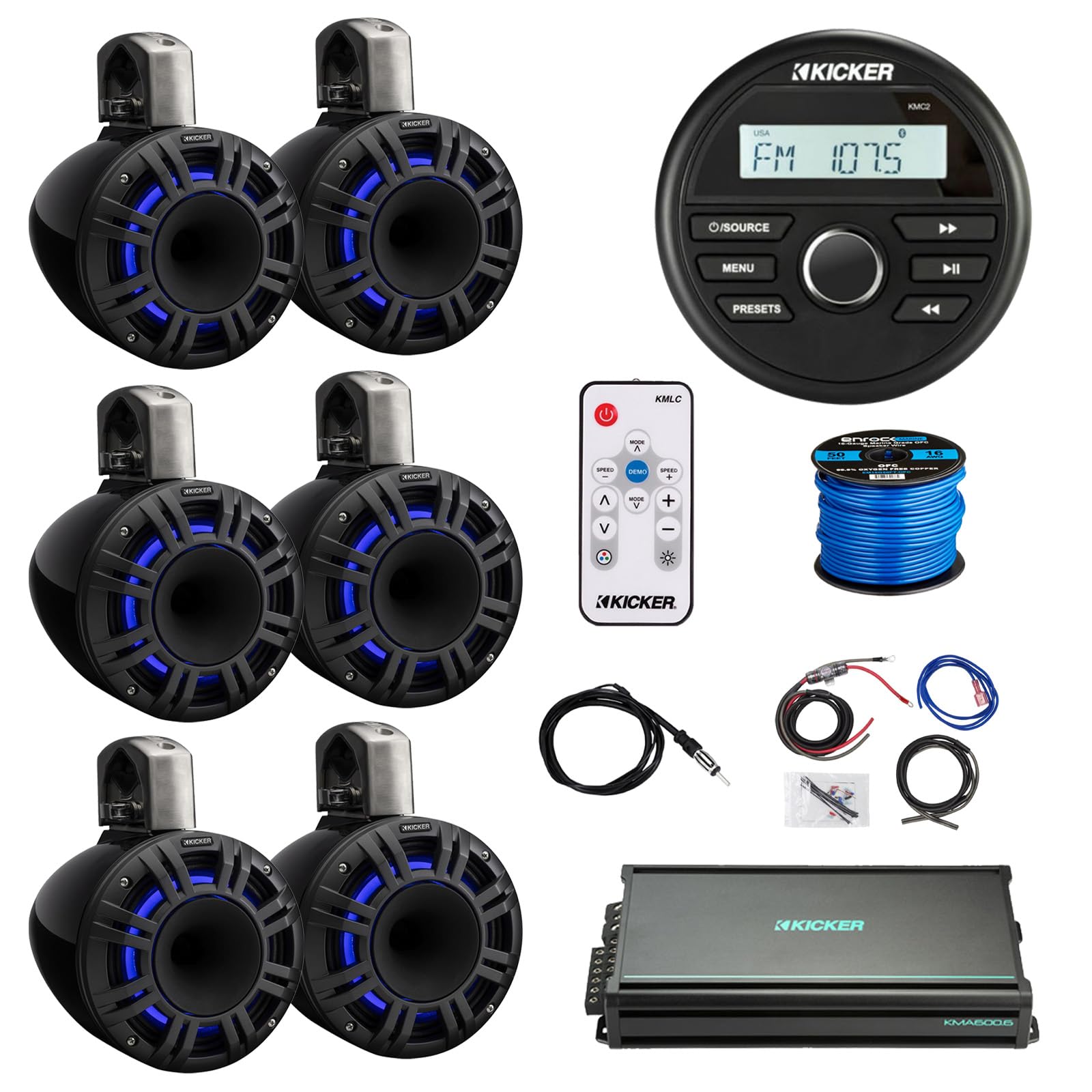 Kicker 46KMC2 Marine Gauge Style USB Bluetooth AM/FM Stereo Receiver, 6-Channel Amplifier w/Kit, 6X 8 500W Max Multicolor LED Horn-Loaded (HLCD) Tower Speakers (Black) w/LED Remote, Wire, Antenna