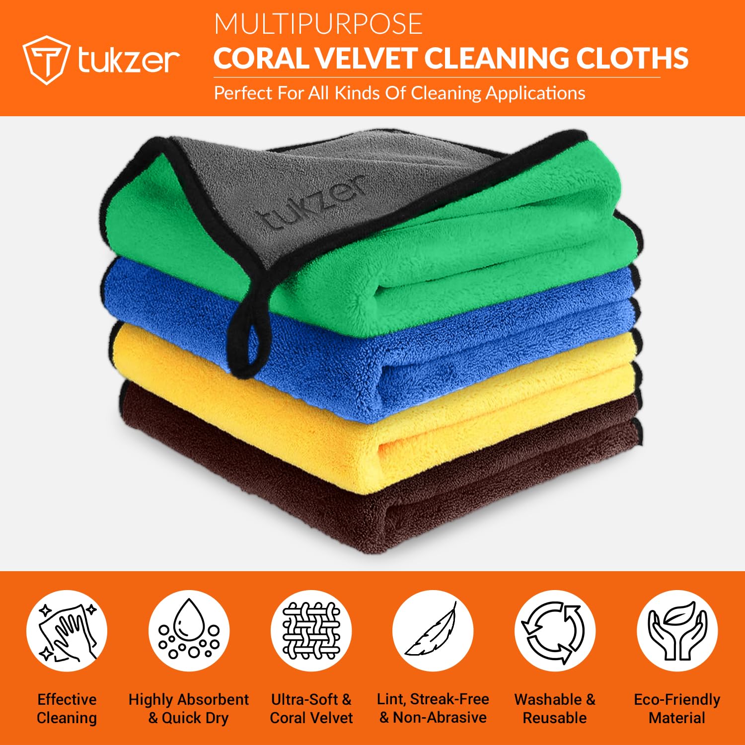 Tukzer Multi-Purpose Coral Velvet Microfiber Cloths for Car Bike| Ultra-Soft Super Absorbent Lint-Free for Exterior Interior Dashboard Cleaning Washing Polishing(500 GSM Multi-Color | 4 Pcs 35x 75 cm) - Image 2 thumbnail