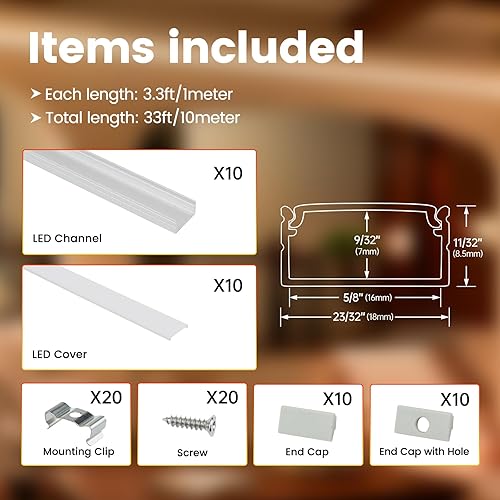 Miniatura 2 de Muzata Paquete de 10 canales LED de 3.3 pies1 M con difusor de luz LED blanco lechoso, diseño poco profundo, extrusión de pista LED de aluminio