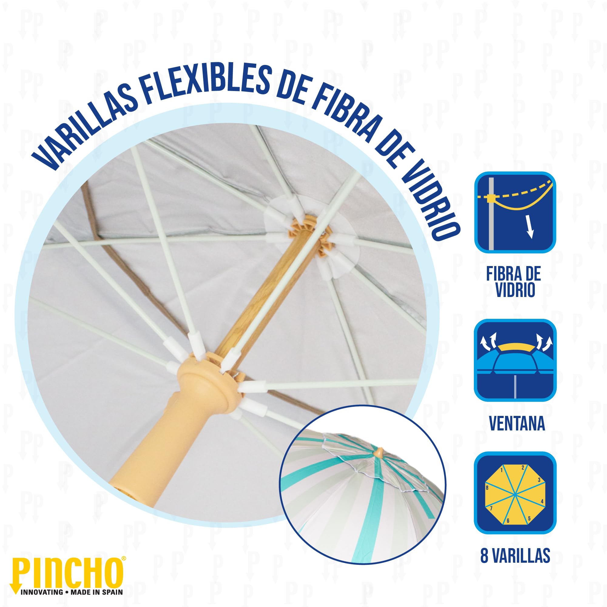 Pincho Sombrilla Playa Grande Familiar 200 cm, Sombrilla Playa Anti Viento UV50 Inclinable con Ventana, Soporte Anclaje y Bolsa Transporte, Tubo Aluminio Oxford, 8 Varillas Flexibles Fibra Vidrio