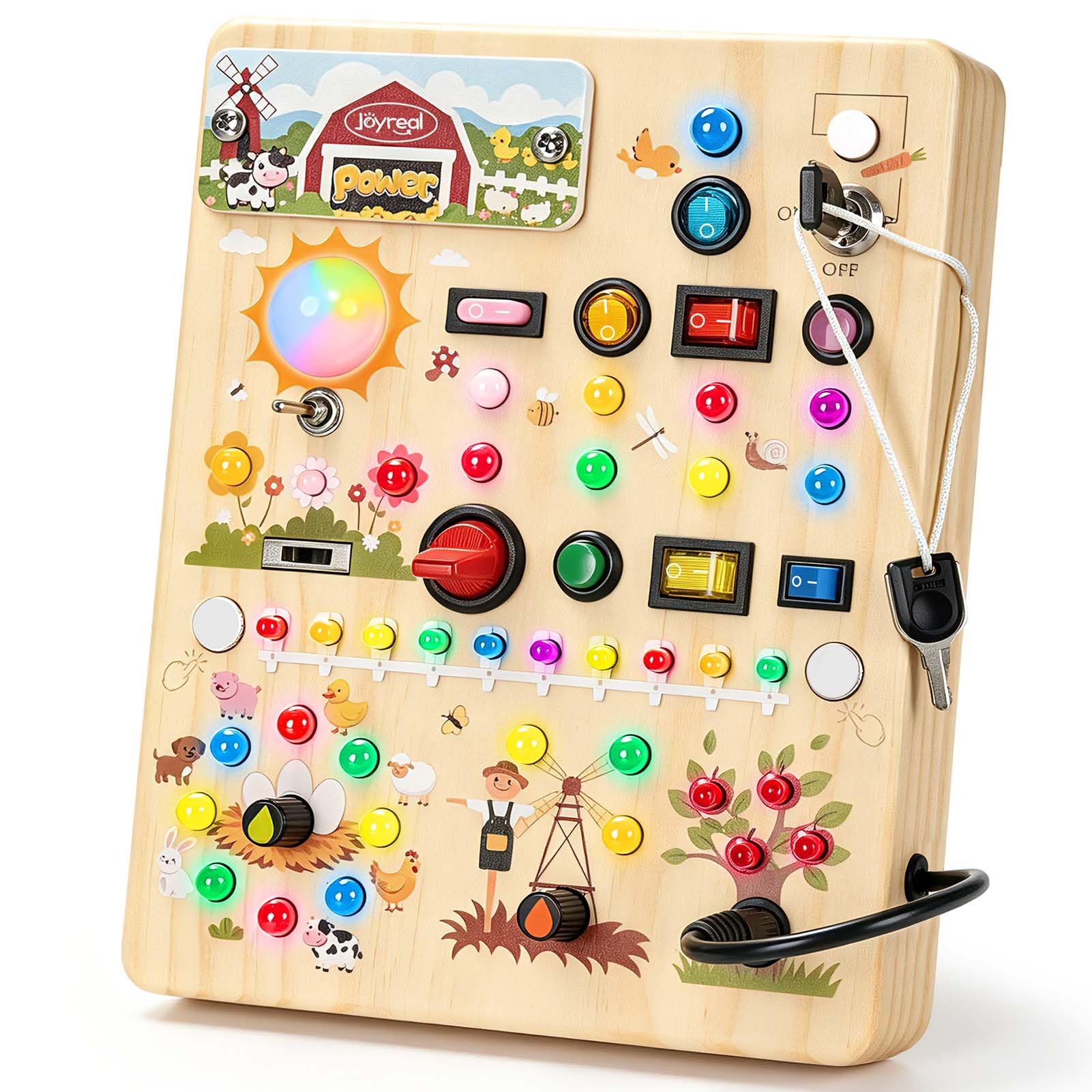 Joyreal Busy Board Giochi Bambini 1 Anno, Tavola attività Montessori in Legno con 39 Luci LED E 17 Interruttori, Gioco Sensoriale Educativo per Bambini, Regalo Bambino 1 2 3 Anni