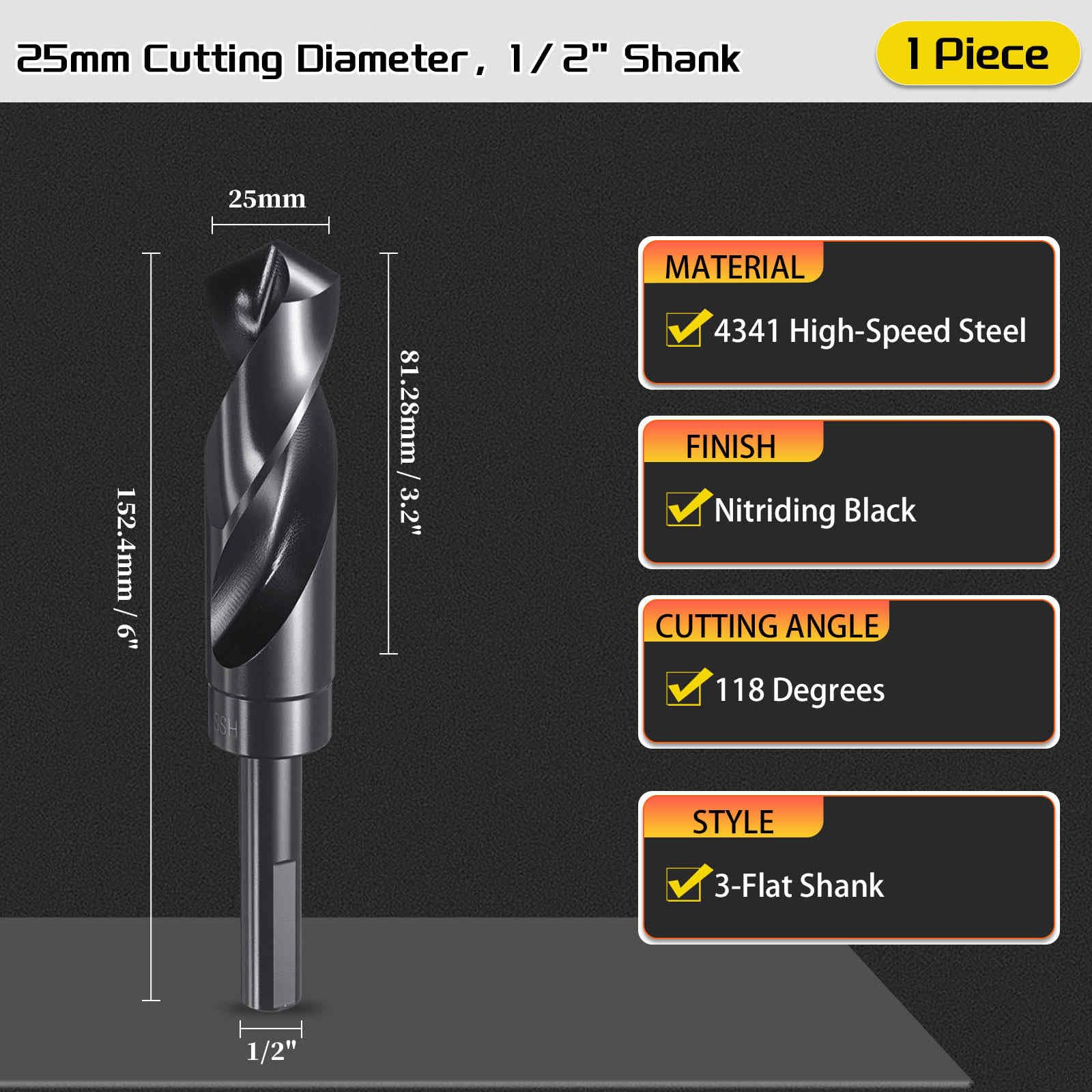 CoCud Drill Bit, 25mm Cutting Diameter, 1/2" Reduced Shank 3-Flat 4341 HSS Nitriding Black 118° Cutting Angle Bits - Image 2