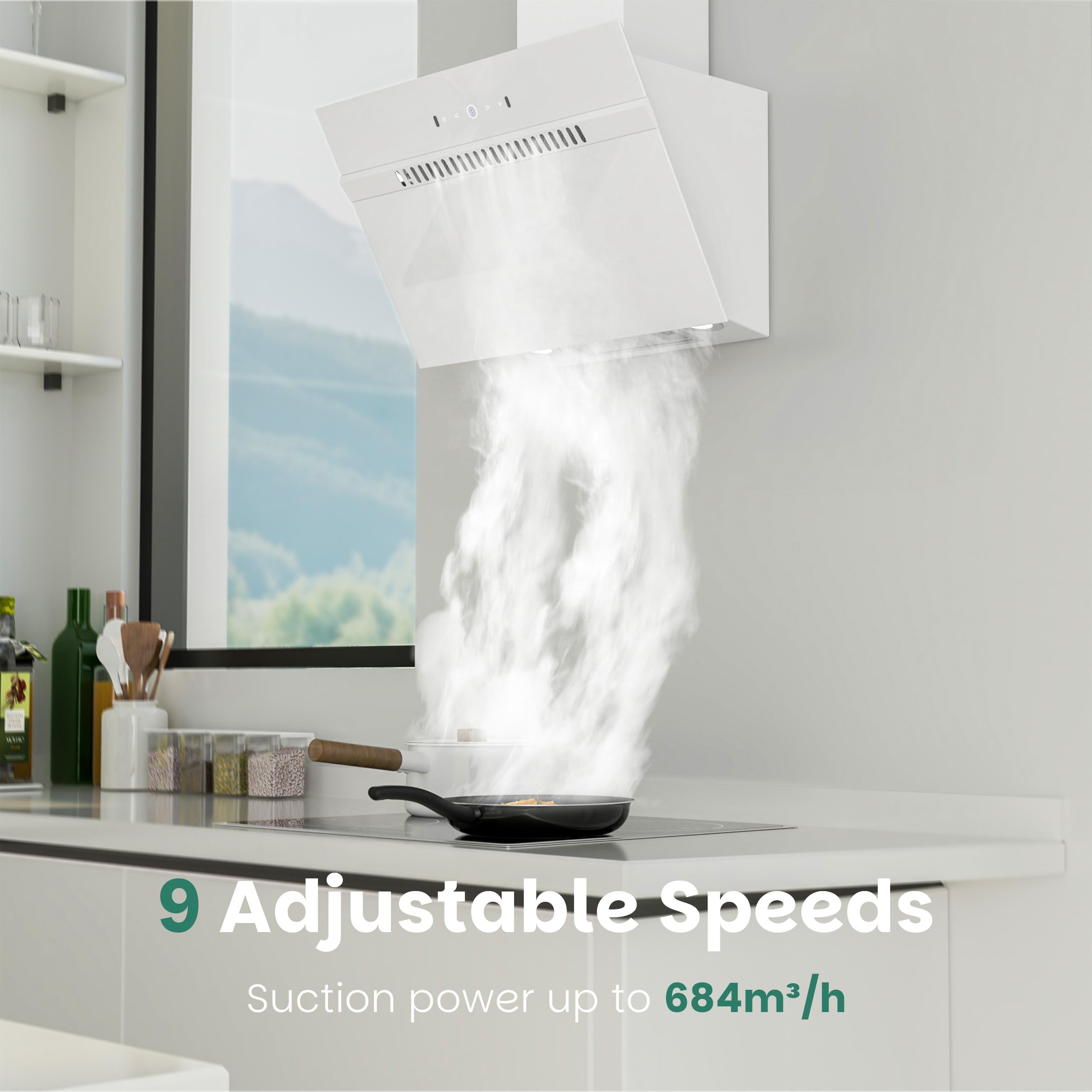 FIREGAS Classe A+++ Cappa Aspirante Inclinata 60cm, 684 m³/h, 9 Velocità, Controllo Touch e a Gesti, Ricircolo ed Estrazione, Cappa Cucina con Filtro a Carbone, Bianco