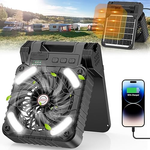 DOWILLDO Ventilador solar portátil, ventilador de campamento recargable de 10400 mAh, 4 velocidades, 4 temporizadores y silencioso, ventilador a