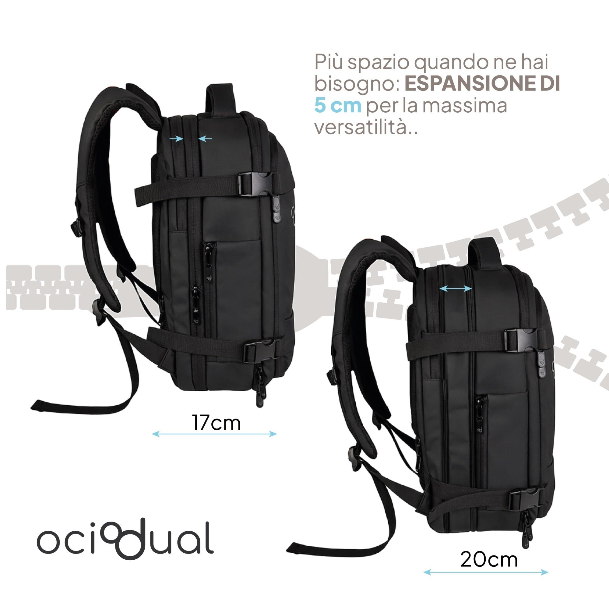 OcioDual Zaino da Viaggio 40x30x20 cm, Bagaglio a Mano Sottosedile, Zaino Cabina con Capienza Regolabile 40x30x17-20 cm, Scomparti Organizzati, Unisex, Nero
