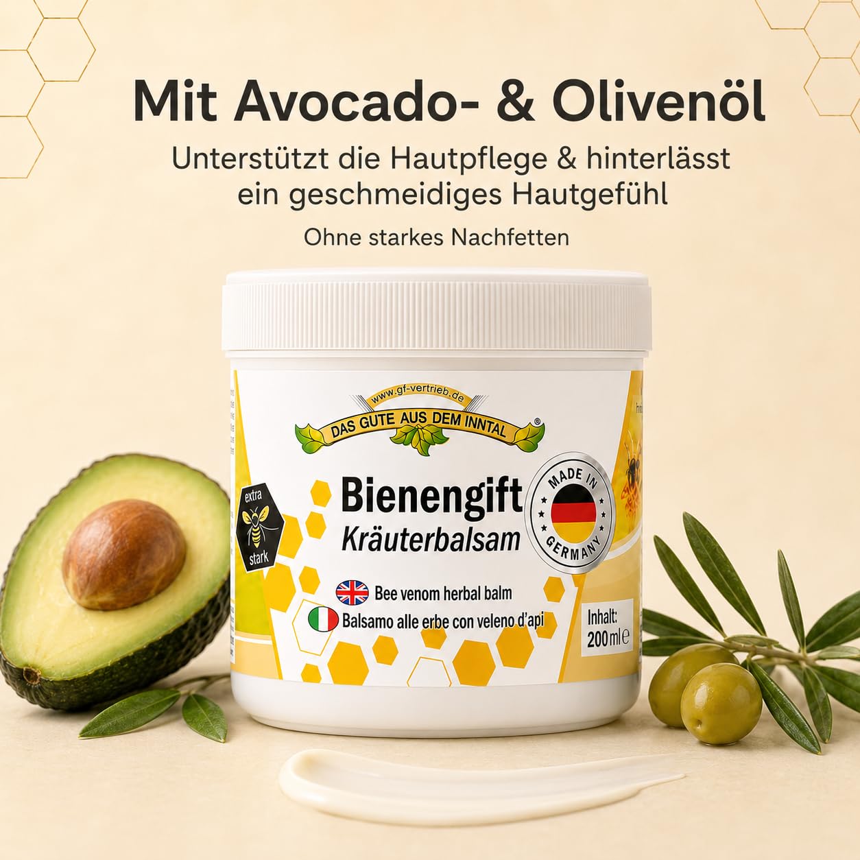 Bienengiftsalbe 200ml - Pflegecreme Kräuterbalsam extra stark - Wärmend & kühlende Bienencreme mit 12 Pflanzenextrakten, Menthol & Avocadoöl - Bienengift nach Sport & Belastung