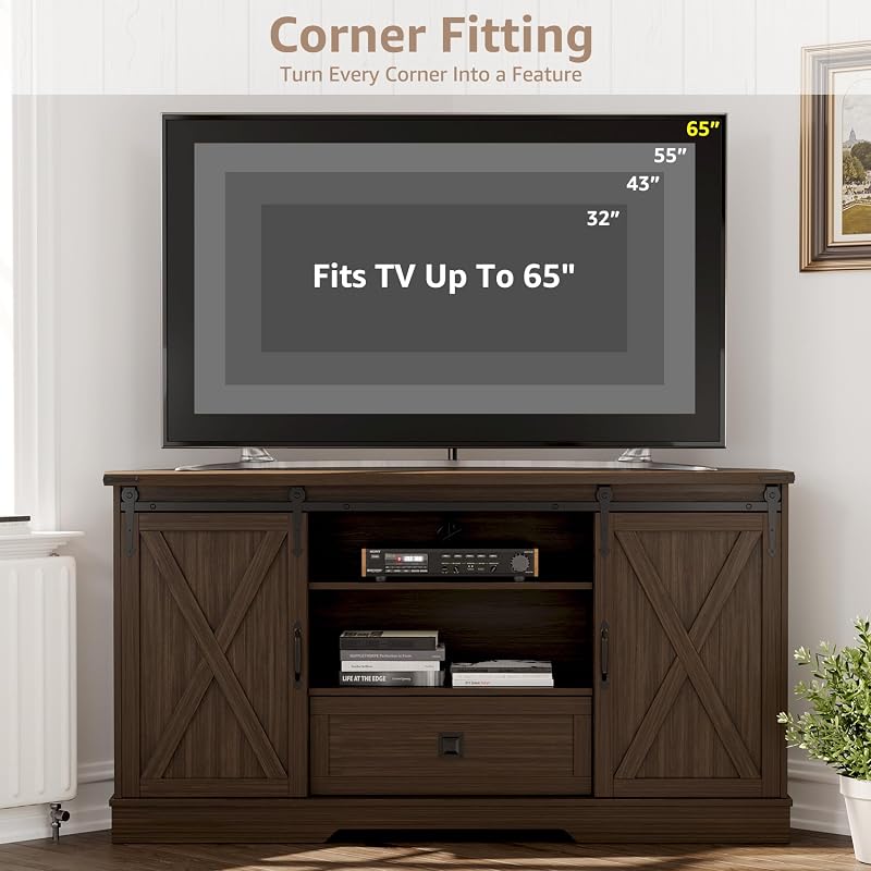 Corner TV Stand for 65 Inch TV - with Sliding Barn Door - Wood Entertainment Center - Media Console Cabinet - 58"x15.7"x31"H, Walnut image 2