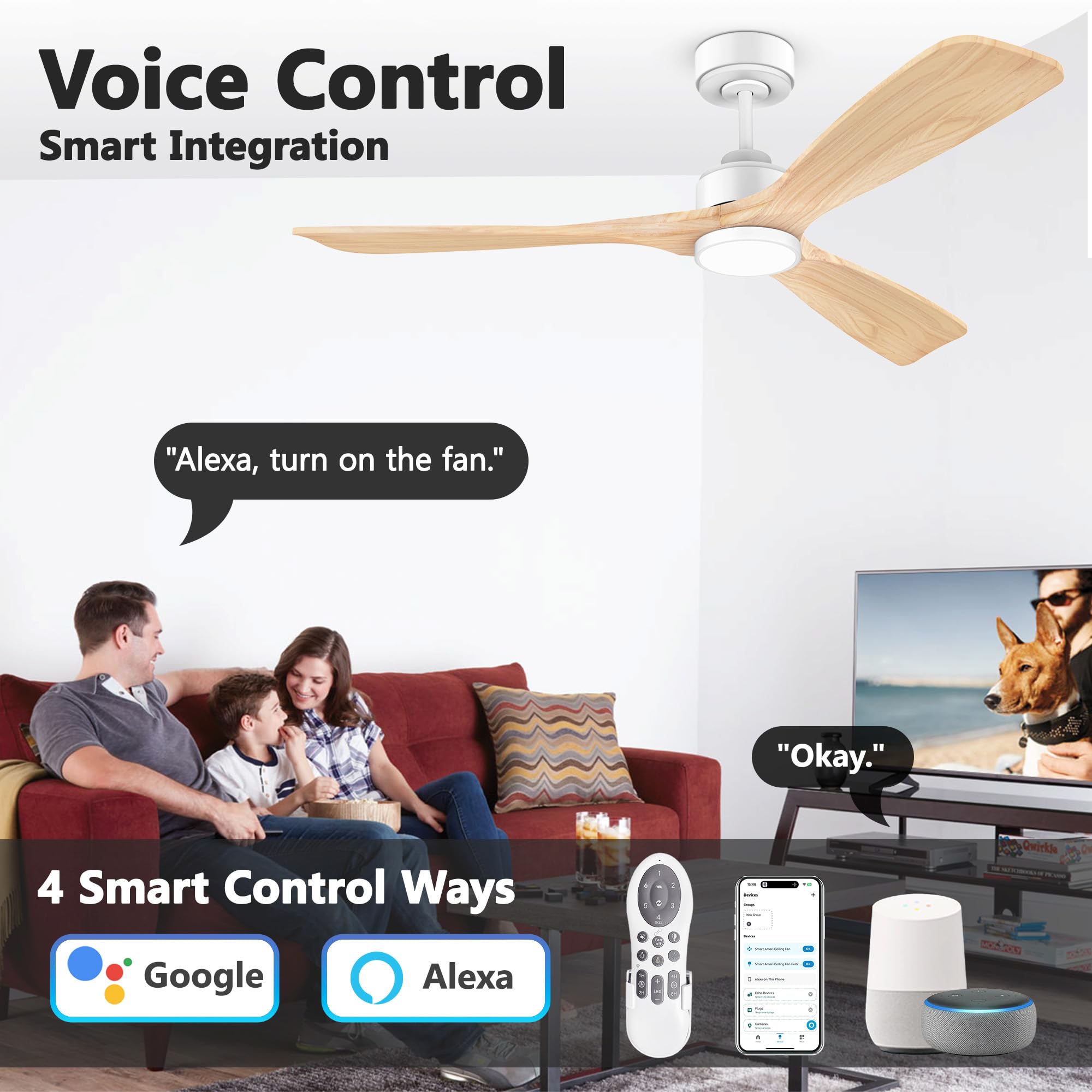 Ventilador de techo inteligente de madera de 52 pulgadas con luces largas, control por voz a través de WiFi Alexa, motor silencioso DC, ventilador de techo interior exterior último