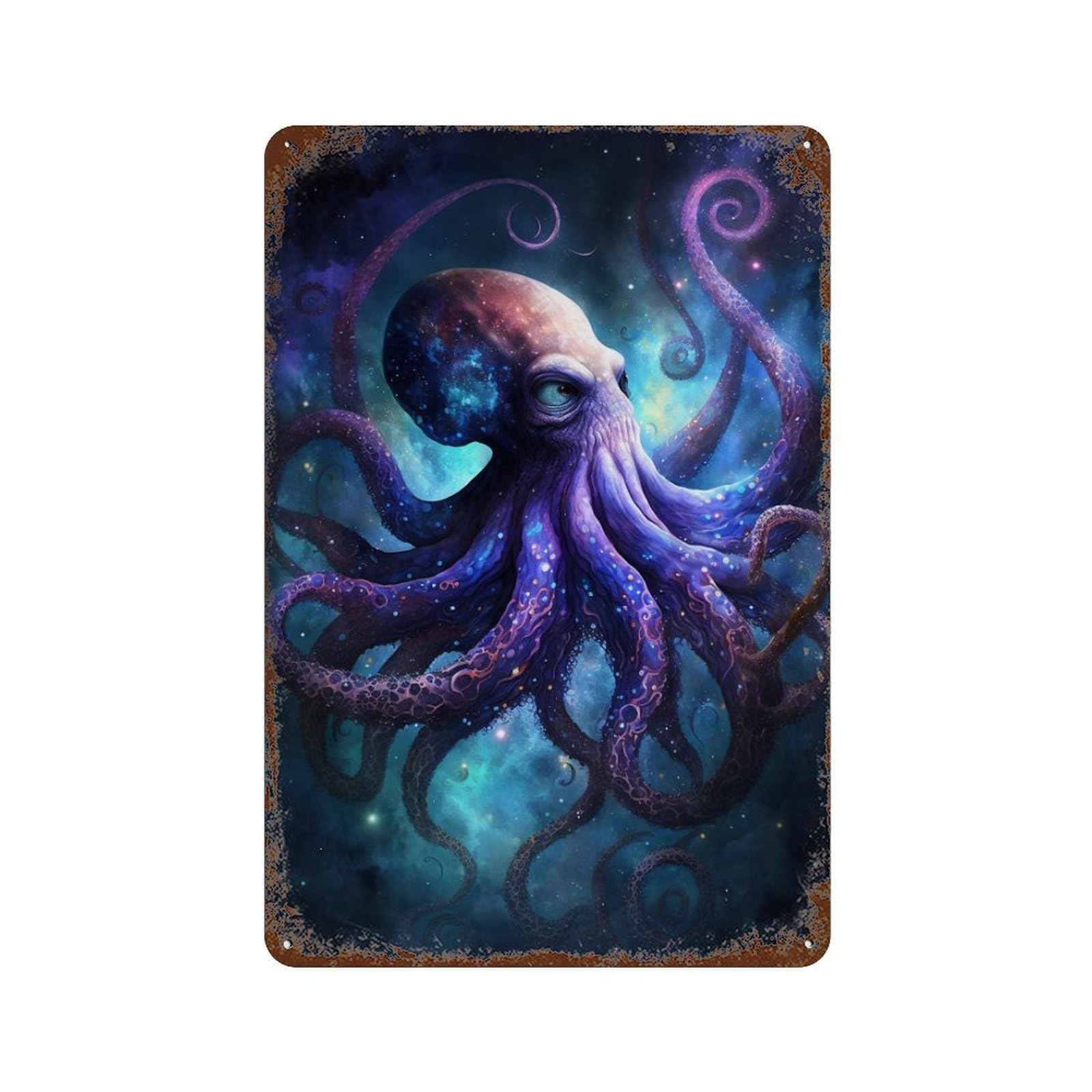 Weathered Tin Sign with Galactic Octopus Art Print Design 11.8"x7.9", for Office, Studio And Wall Decor, Retro Wall Decor