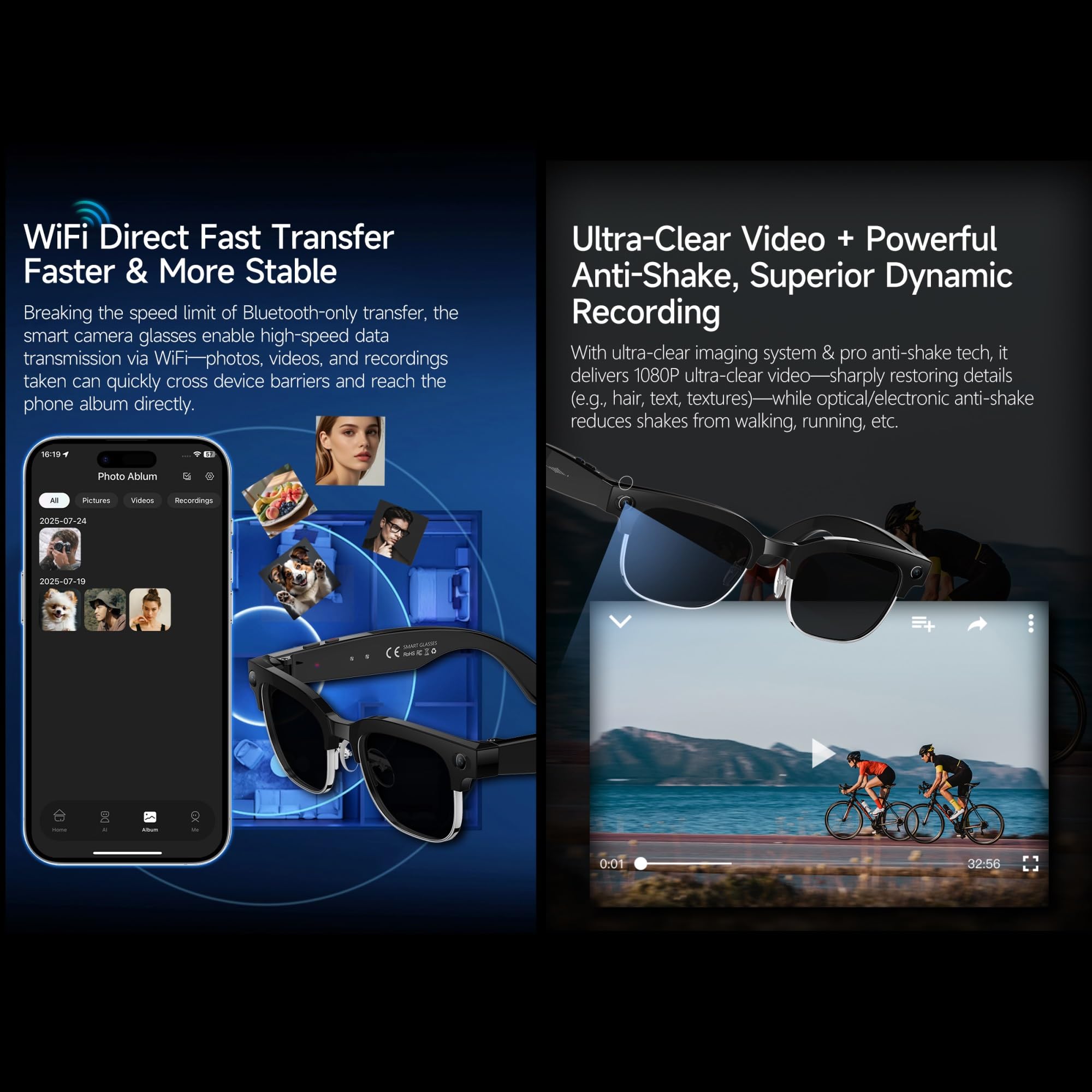 AI Occhiali Intelligenti Con 8MP Fotocamera, Supporta 32MP Foto E Video Stabilizzati 4K 1080P, Traduzione In Tempo Reale, Riduzione Del Rumore A Doppio Microfono(Sunglasses)