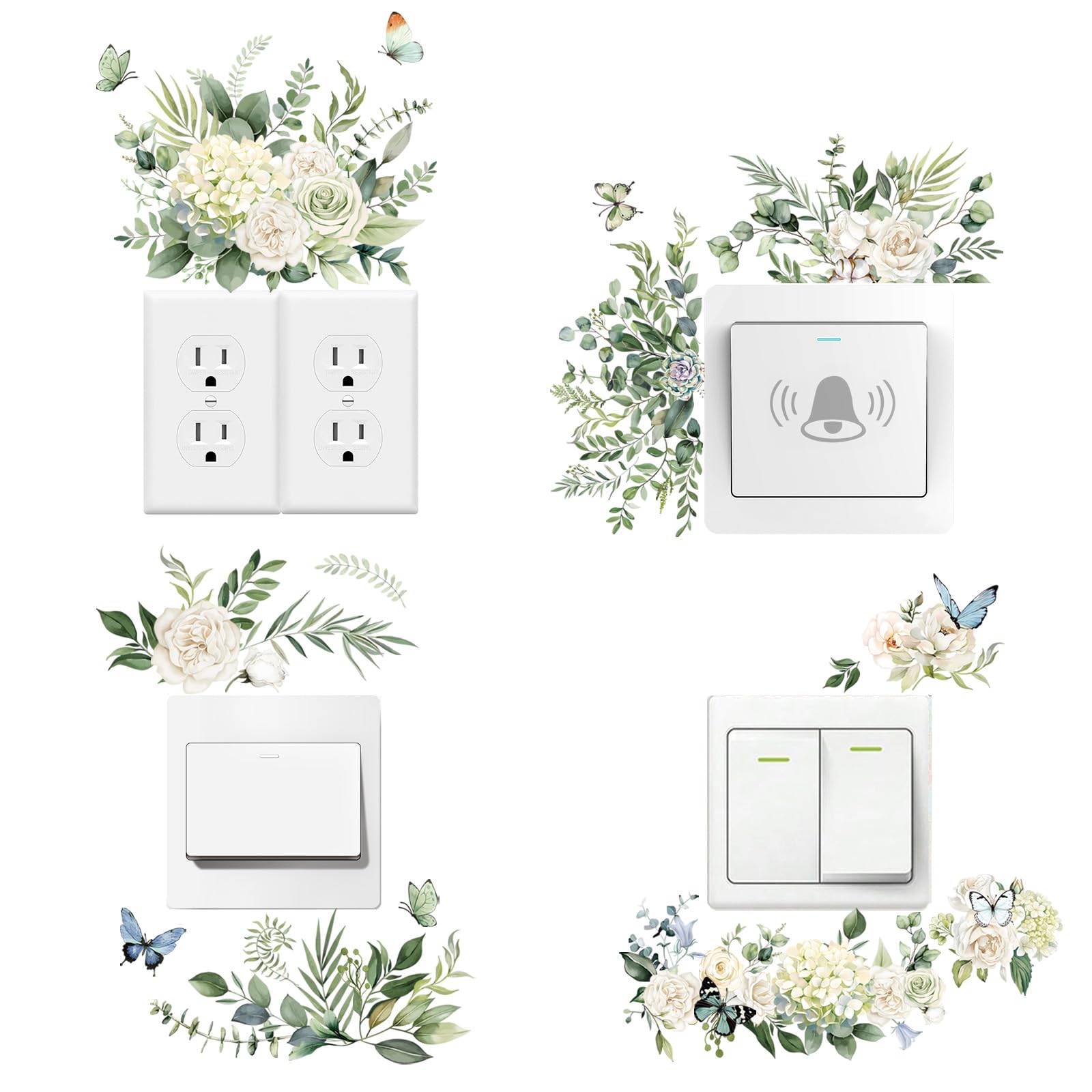 FUFUQUARE Light Switch Sticker, 4pcs Green Plant White Flower Wall Stickers Peel and Stick Decorative Wall Decals for Living Room Bedroom Bathroom Kitchen Office