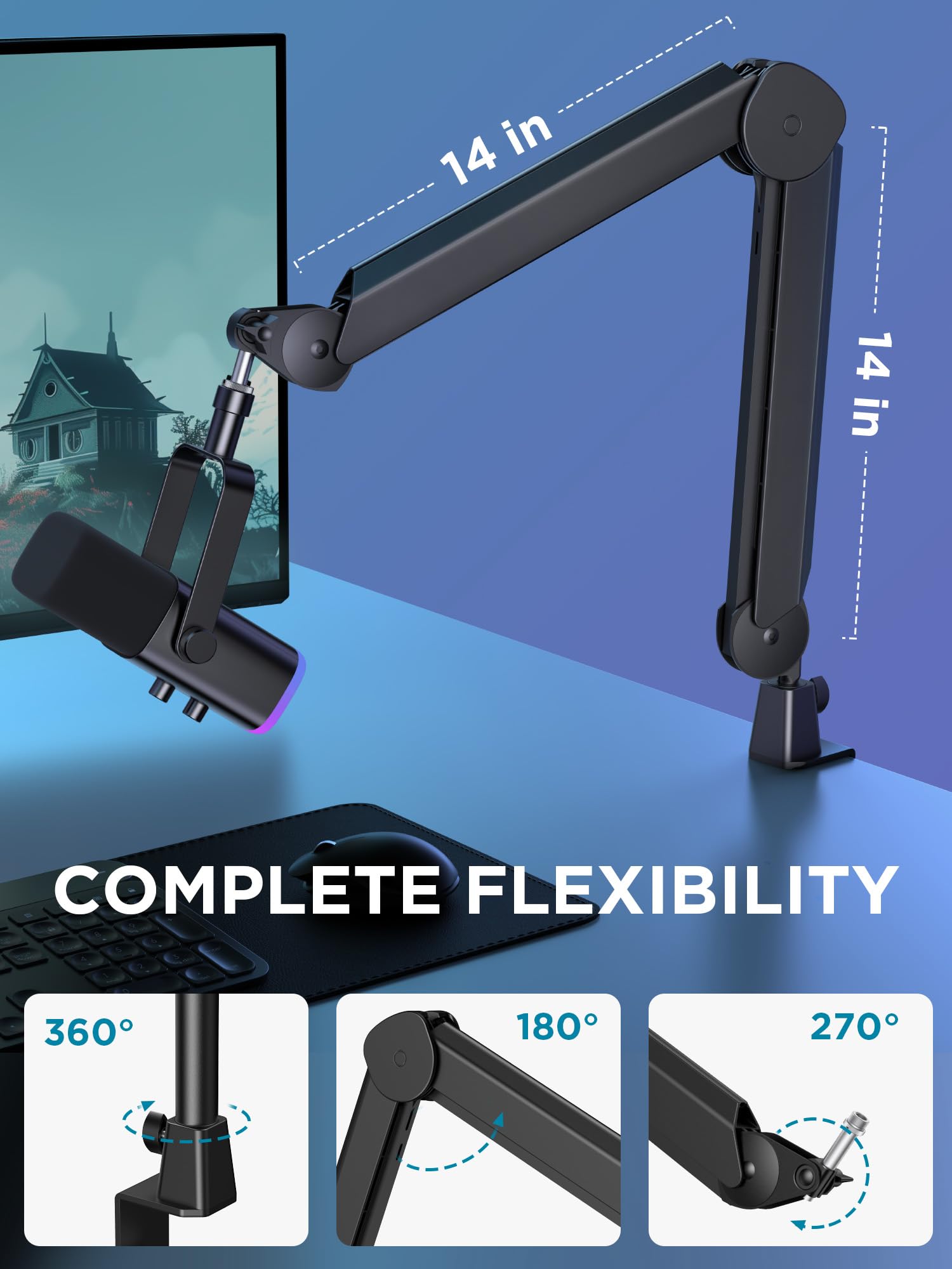 InnoGear Mic Boom Arm Microphone Stand Cable Management for Blue Yeti FIFINE AM8 K669B HyperX QuadCast S SoloCast AT2020 Shure SM7B MV7 and Other Microphone