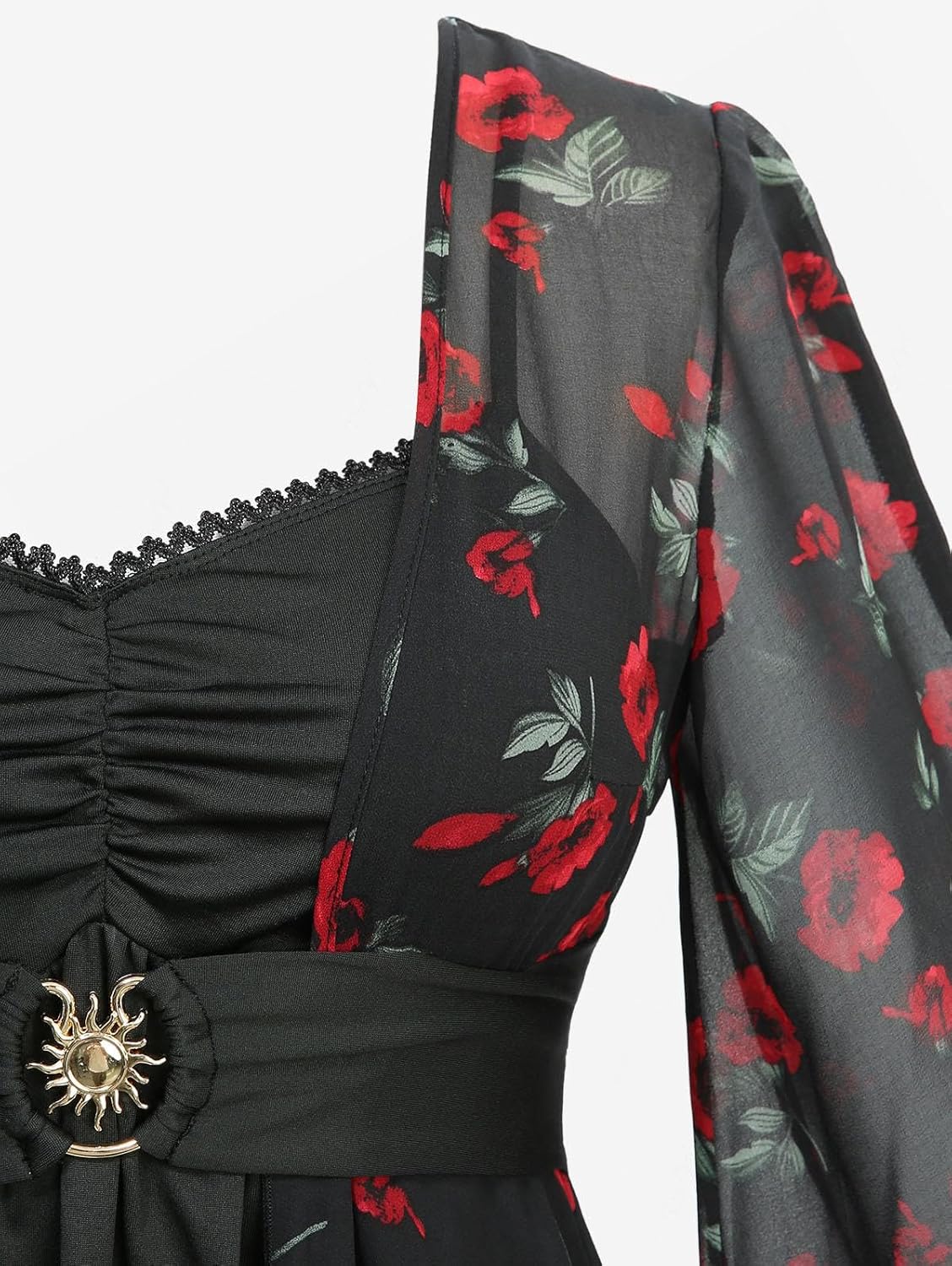 DRESSFO Women's Floral Belted 2-in-1 Top – Rose Print Ruched Sweetheart Neck Blouse with Flare Sleeves - Image 3