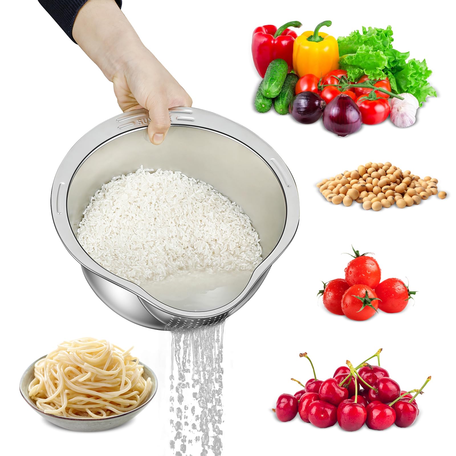 Rice Strainer and Colander Bowl With Side Drainer,Metal Rice Washer 18/8 Stainless Steel Rinser Washing Bowl For Quinoa, Fruits,Vegetables, lentils,Beans,Grain,Kitchen Food Strainer Basket