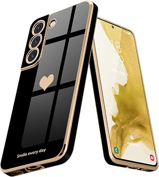 Teageo Lovely Case for Samsung Galaxy S22 5G, Cute Heart Back, Black | Luxury Bling Plating, Soft TPU, Anti-Scratch Shockproof Bumper, for Women Girls, Lovely Heart Pattern