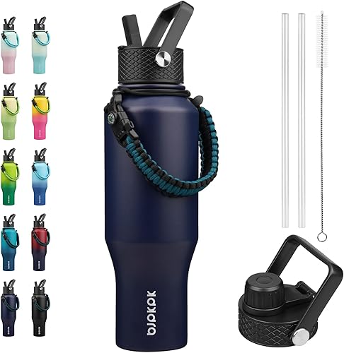 BJPKPK Botellas de agua aisladas con tapa con pajilla, botella de agua de metal de 35 onzas con 2 tapas y correa de paracaídas, vasos al vacío de