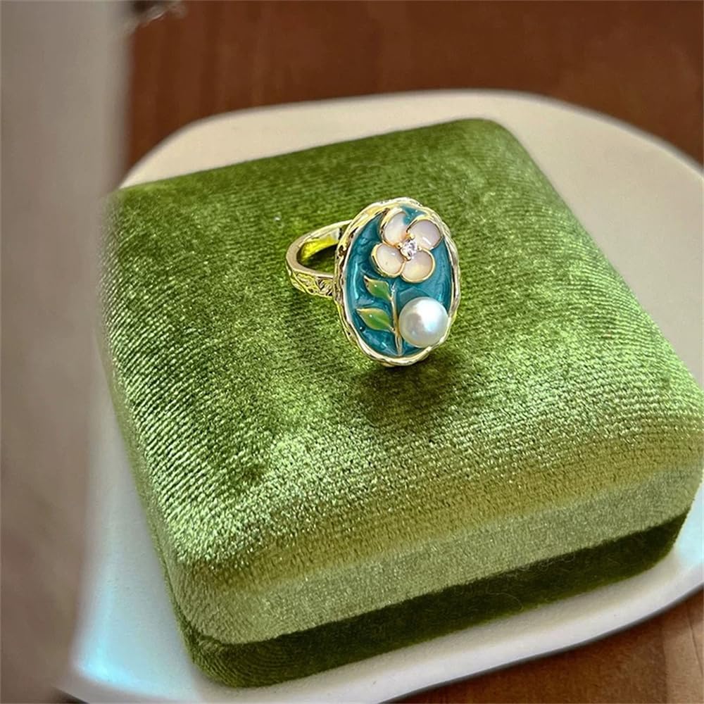 Anillos abiertos de perlas esmaltadas de moda para mujer, chapados en oro de 14 quilates, diseño de hojas florales vintage, banda de dedo única, apilable, anillo de boda, ajustable, cóctel, fiesta, 6