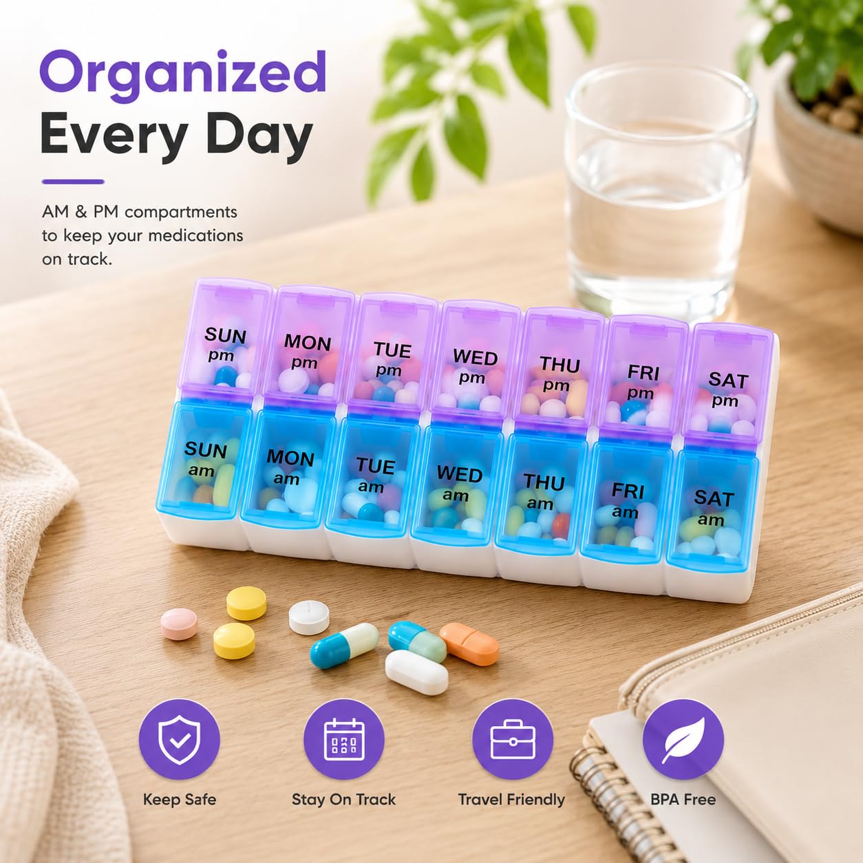 Oblivion Weekly Pill Box Organizer – Medicine Planner with Compartments – Travel-Friendly Vitamin & Tablet Holder – Moisture-Proof, Sorter & Reminder Case for Medication & Supplements (2 Time)